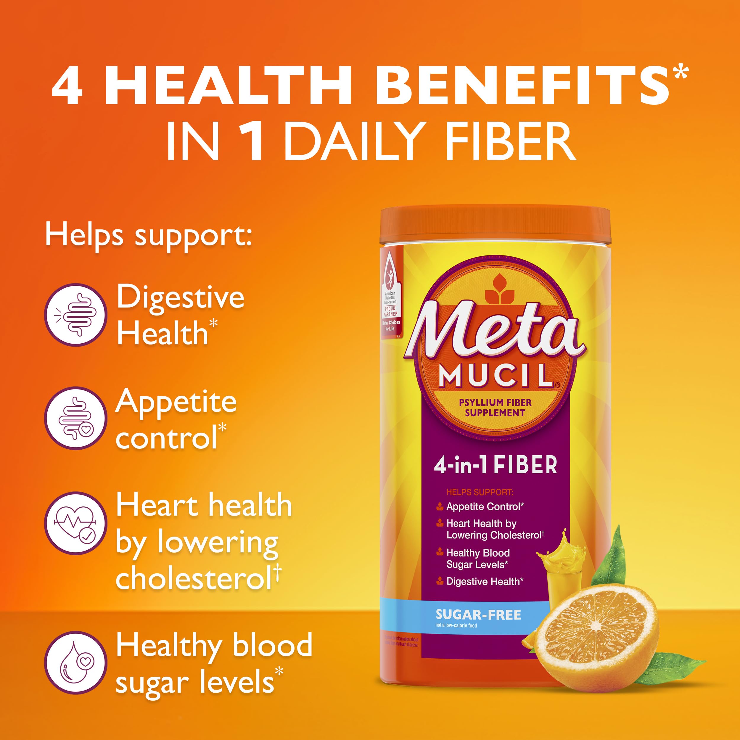 Metamucil 4-in-1 Psyllium Husk Friendly Fiber Supplement, Sugar-Free, 72 teaspoons, Orange Flavored, Daily Fiber Powder for Digestive Health