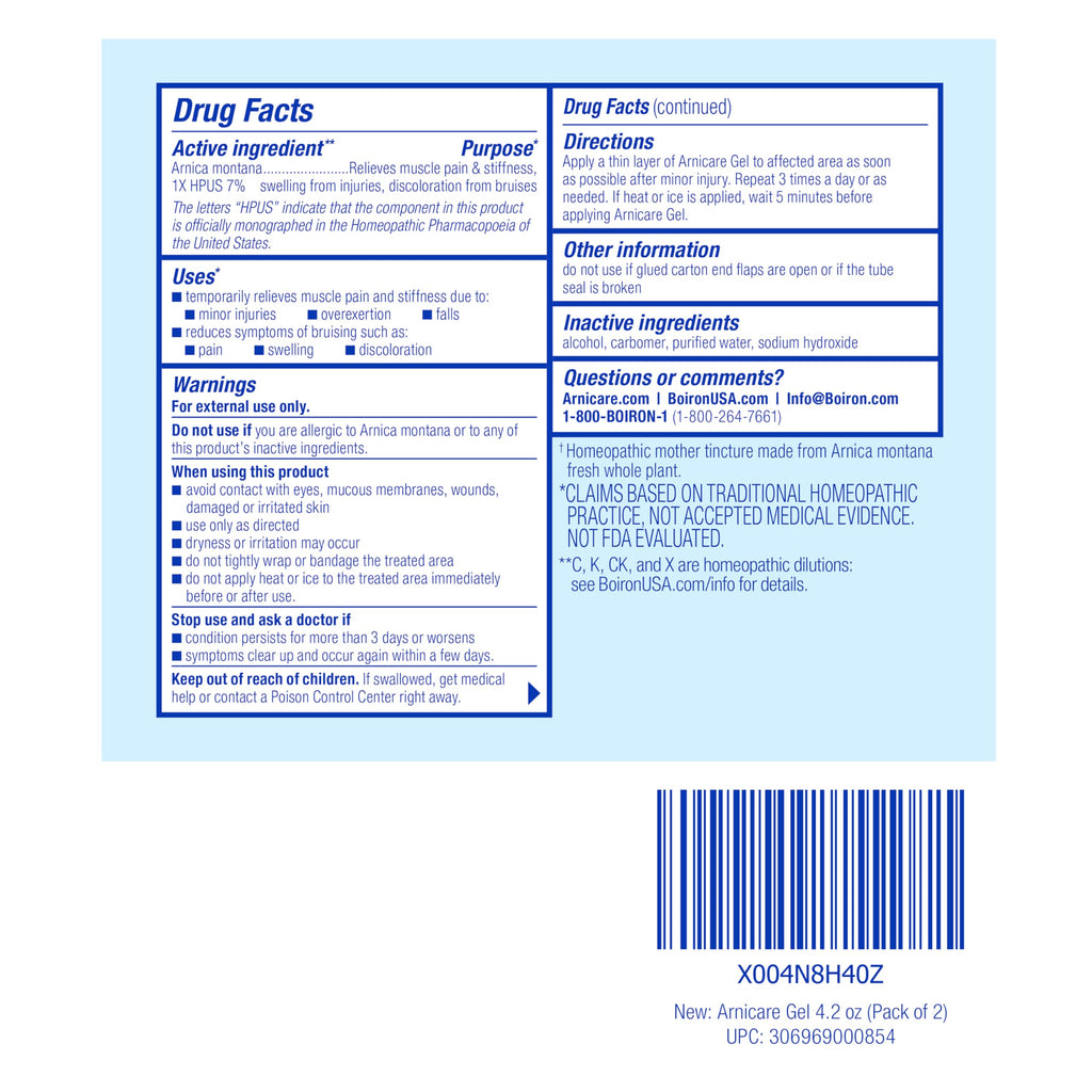Boiron Arnicare Gel 4.2 oz (Twin Pack) for Joint Pain Relief, Muscle Pain, Muscle Soreness, and Swelling from Bruises or Injury - Non-Greasy and Fragrance-Free Arnica BoironBuy Supplements Australia