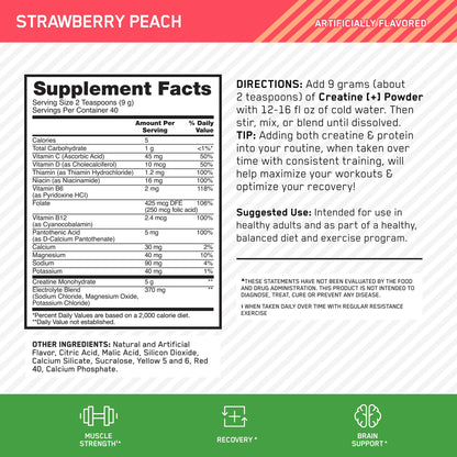 Optimum Nutrition Creatine Monohydrate Plus Powder, Strawberry Peach Flavored Creatine Performance Blend, with Electrolytes for Hydration, Added Vitamins