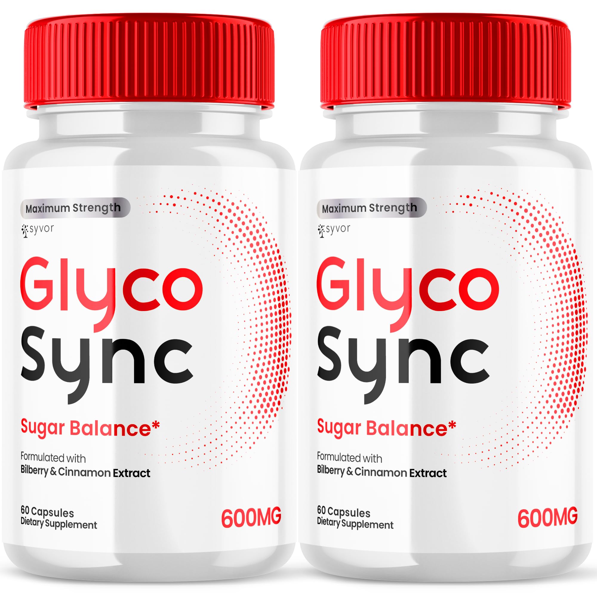Two bottles of Glyco Sync dietary supplements with red caps on a white background