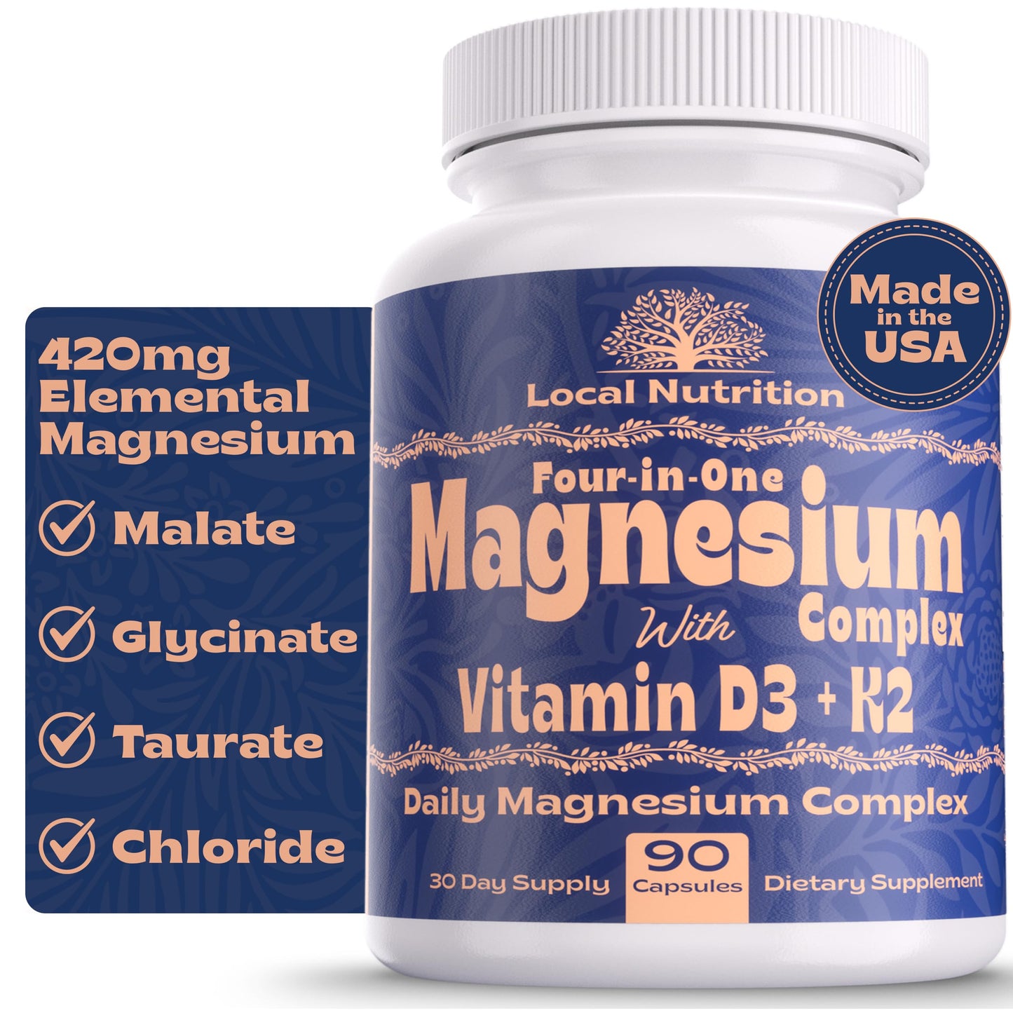 Local Nutrition Magnesium Complex 420mg with Vitamin D3 K2 - Four Bioavailable Forms Including Bisglycinate (Glycinate), Malate, Taurate, and Chloride for Superior Absorption - 90 Capsules Made in USA Local NutritionBuy Supplements Australia