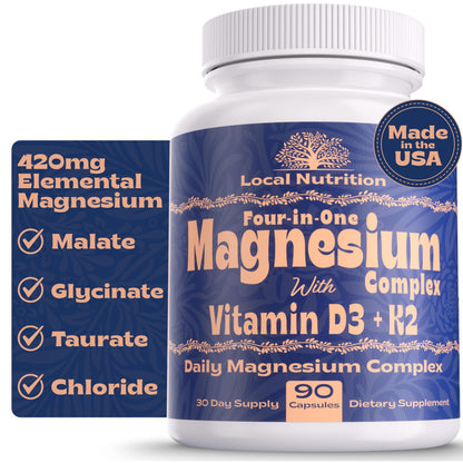 Local Nutrition Magnesium Complex 420mg with Vitamin D3 K2 - Four Bioavailable Forms Including Bisglycinate (Glycinate), Malate, Taurate, and Chloride for Superior Absorption - 90 Capsules Made in USA Local NutritionBuy Supplements Australia