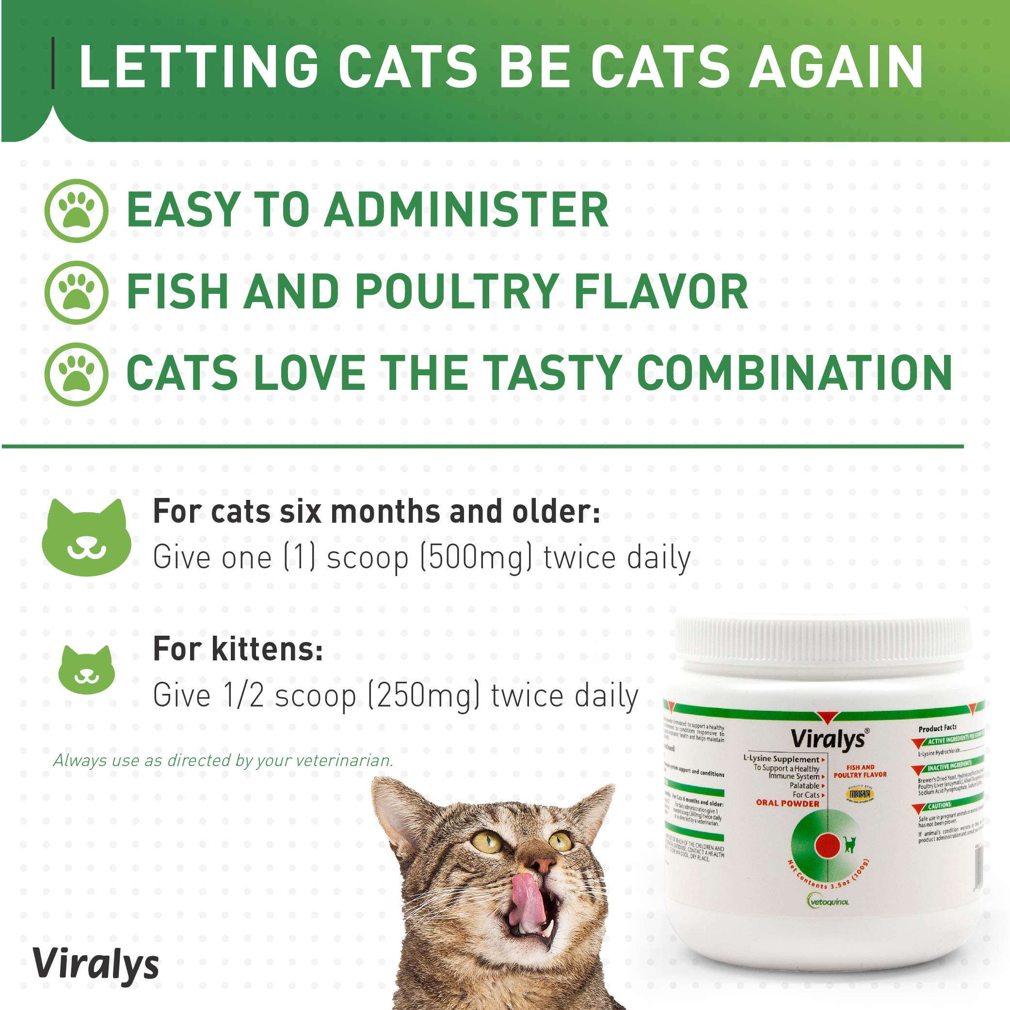 Vetoquinol Viralys Daily L-Lysine Powder for Cats and Kittens, Fish Flavored Lysine Supplement for Cats and Kittens to Support Immune Health