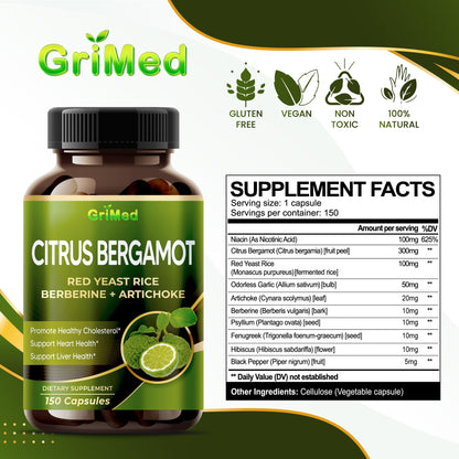 Citrus Bergamot with Red Yeast Rice, Garlic, Artichoke for Healthy Cholesterol, Heart Health (150 Count (Pack of 1))