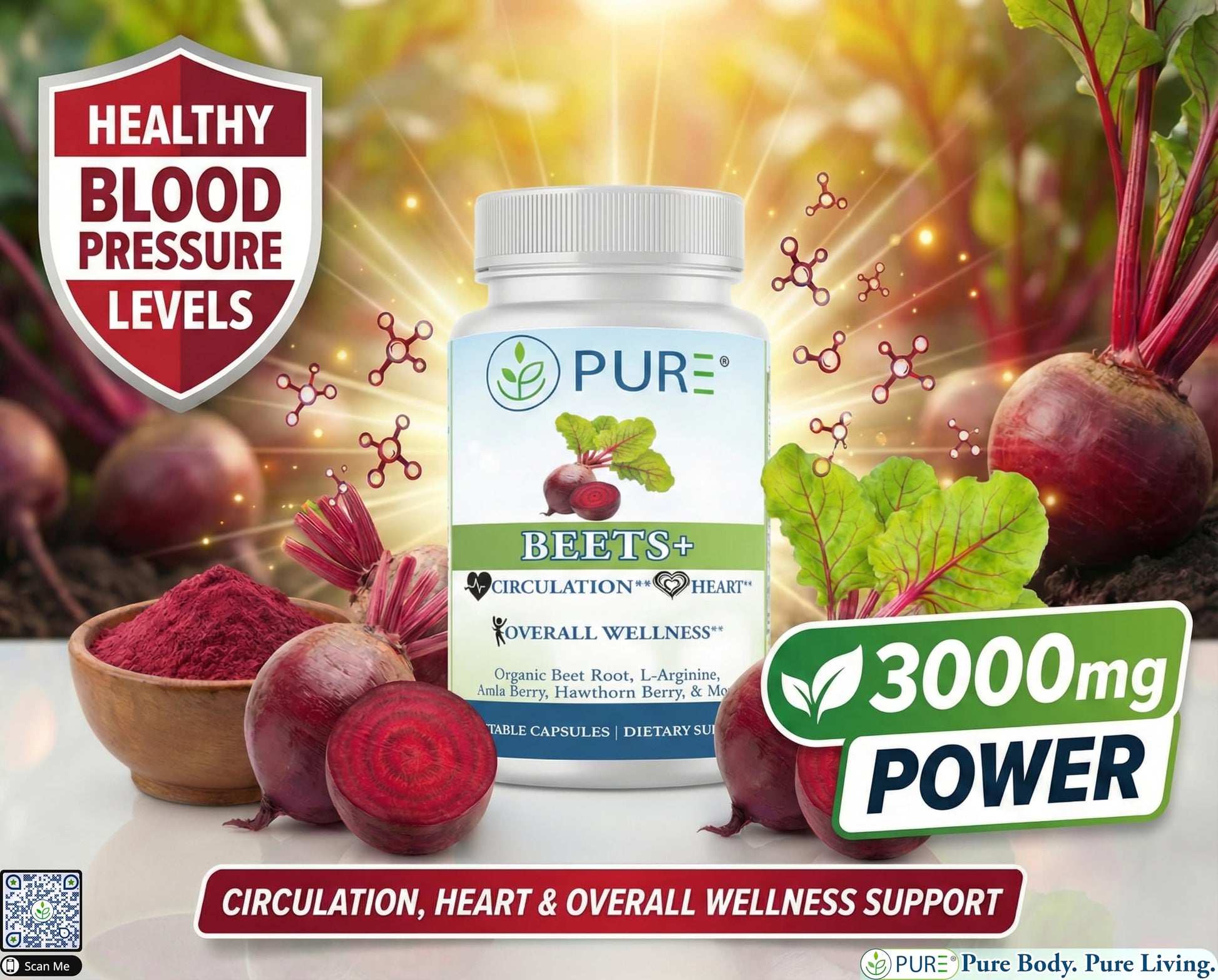 PURE® Beets+ Organic Beet Root Capsules - 900mg - 90 Count, 30 Servings - Blood Pressure & Circulation Support Supplement - with L-Arginine, Hawthorn Berry & B12 - Cardiovascular Health - Made in USA PURE buy supplements Au