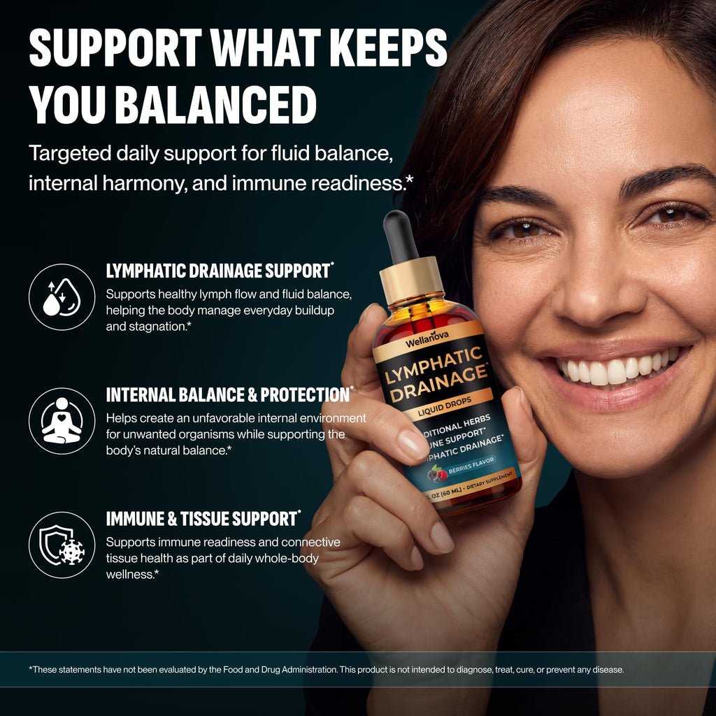 Wellanova Lymphatic Drainage Supplement - Organic Liquid Drops for Lymphatic Support & Detox - 8-in-1 Herbal Blend - Lymphatic Cleanse Complex with Burdock, Dandelion, Elderberry - 2 fl oz Wellanova buy supplements Au