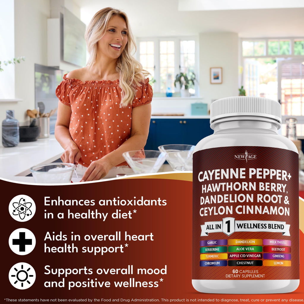 NEW AGE Cayenne Pepper Capsules Supplement with Hawthorn Berry, Dandelion Root, Ceylon Cinnamon, Garlic, Ginger, ACV, Milk Thistle, Beet Root, Aloe Vera - 120 Count NEW AGE buy supplements Au