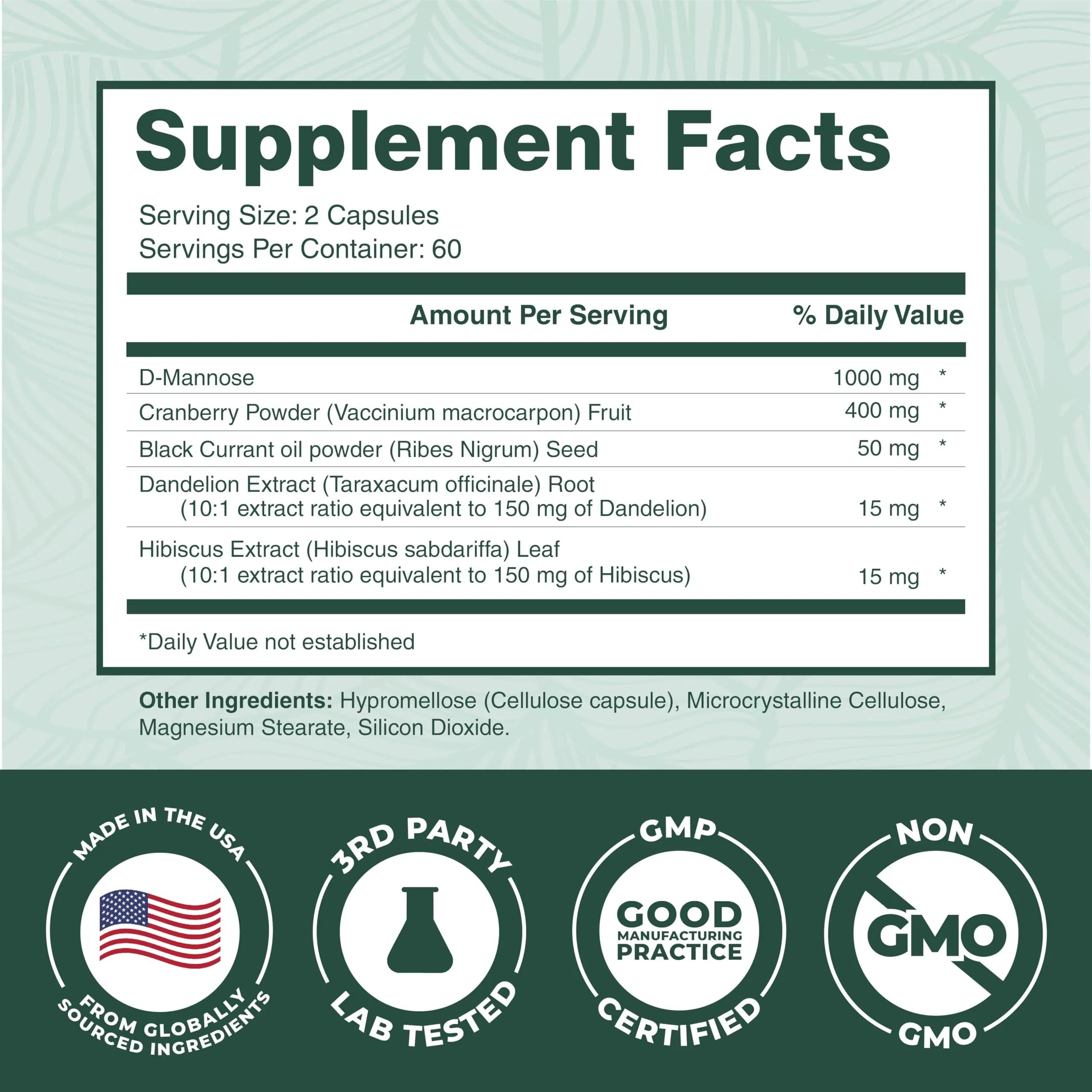 PurePremium D-Mannose with Cranberry, Hibiscus & Dandelion - 1000mg D-Mannose Supplements for Women Supports Urinary Tract Health & Bladder Health - Made in USA, Vegan, 120 Capsules, 2 Month Supply PurePremium SupplementsBuy Supplements Australia