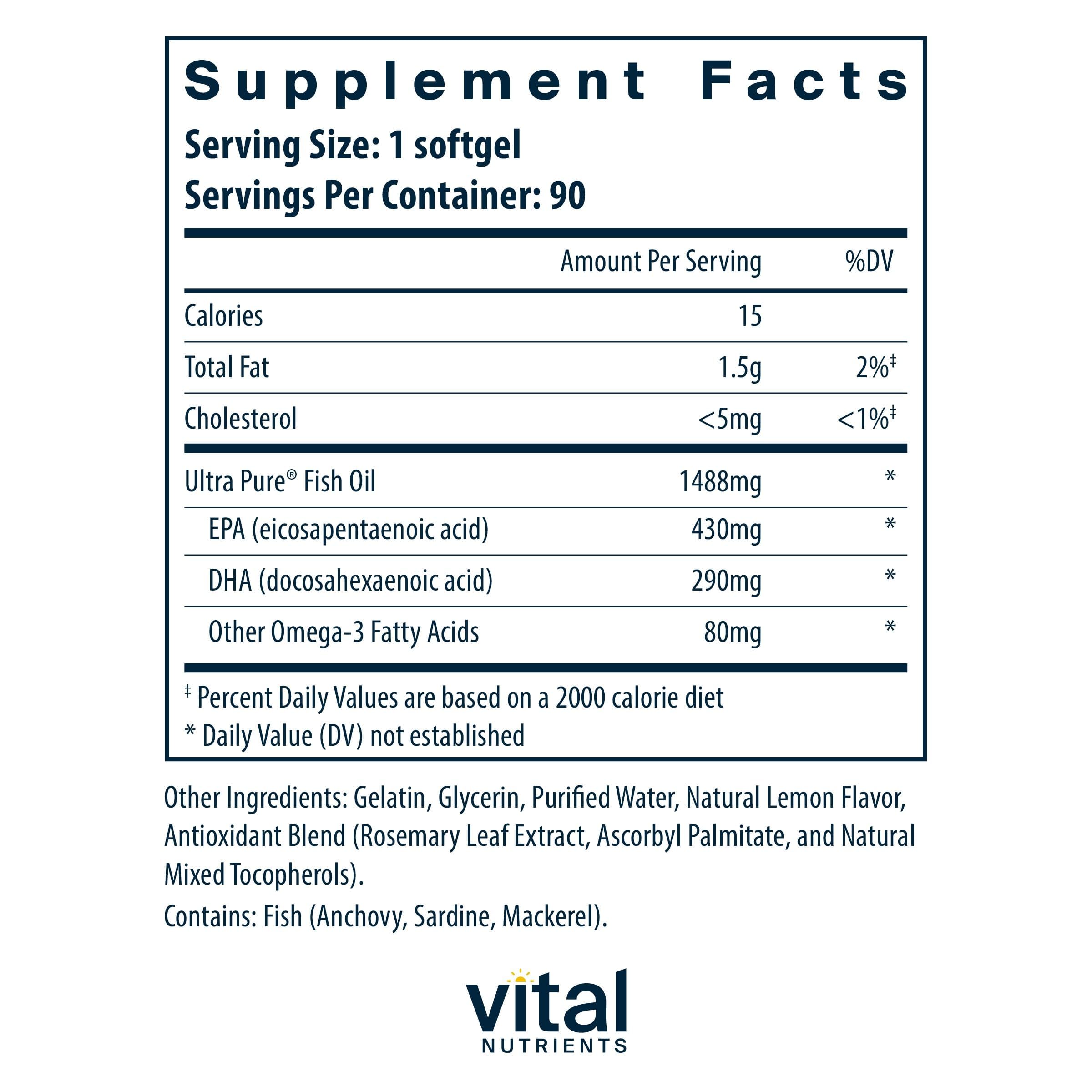 Vital Nutrients Ultra Pure® Fish Oil 800 Triglyceride Form - Heart, Brain, & Immune Health* - Sustainably Sourced High EPA & DHA Omega-3 Fatty Acid - Lemon Flavor - Gluten, Dairy, Soy Free - 90 Count Vital NutrientsBuy Supplements Australia