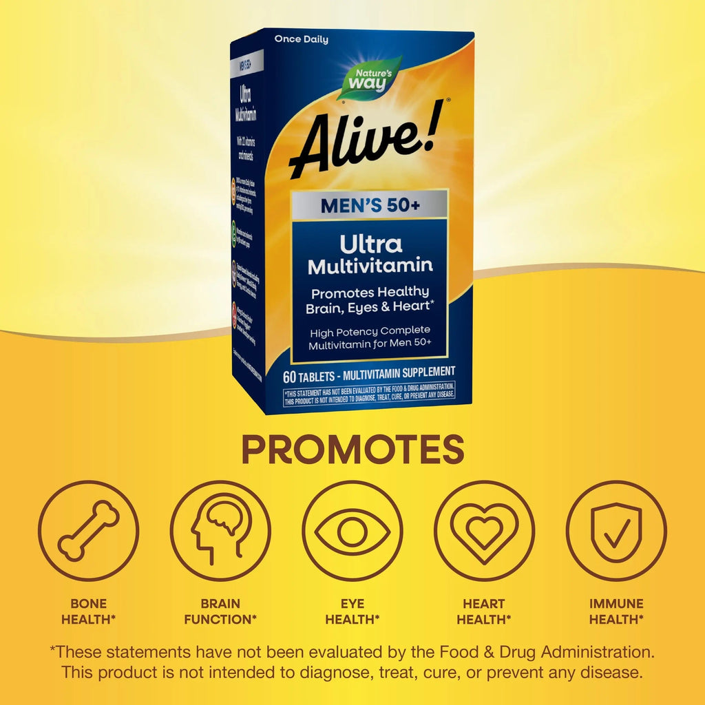 Nature's Way Alive! Men’s 50+ Daily Ultra Multivitamin, High Potency Formula, Supports Healthy Brain, Eyes & Heart Nature's Way