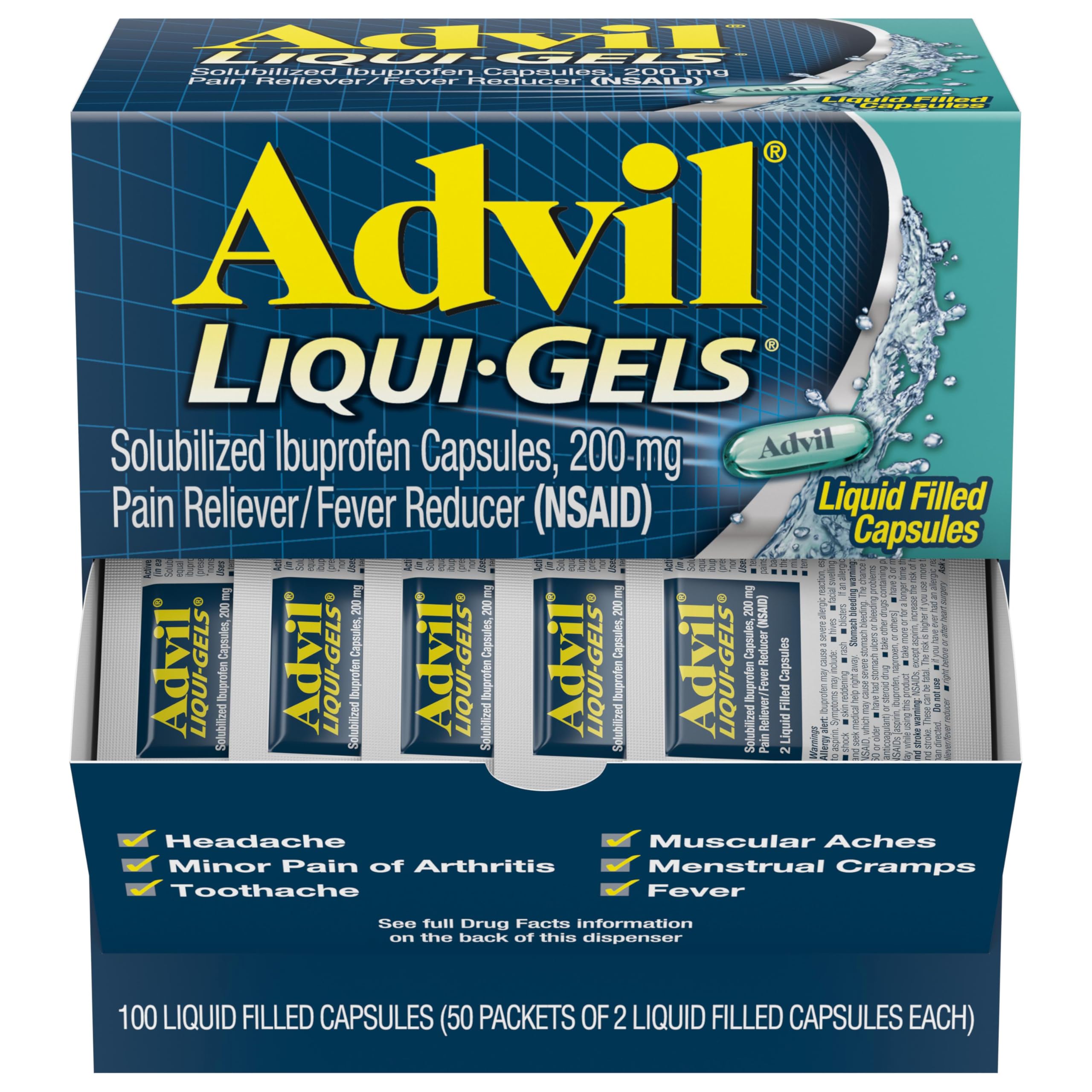 Advil Liqui-Gels Pain Reliever and Fever Reducer, Pain Medicine for Adults with Ibuprofen 200mg for Headache, Backache, Menstrual Pain and Joint Pain Relief - 50x2 Liquid Filled Capsules AdvilBuy Supplements Australia