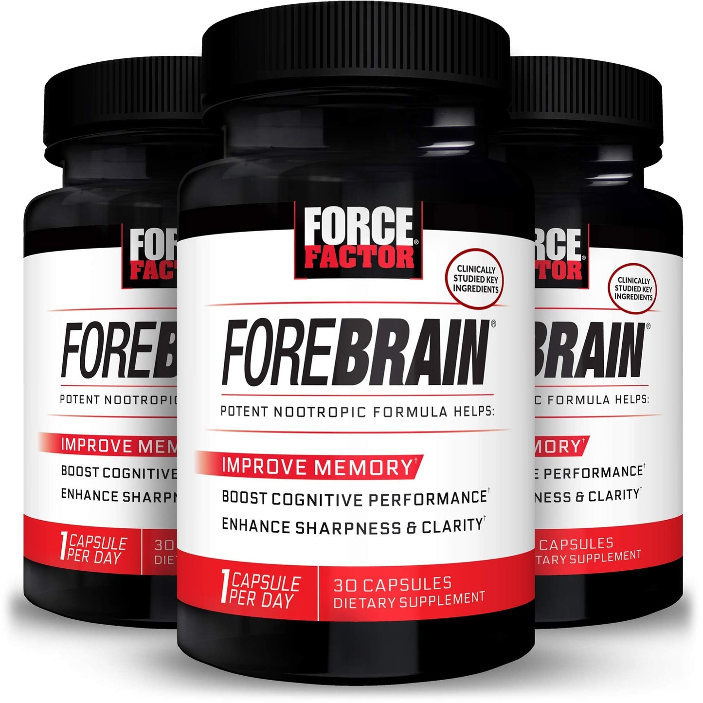 Force Factor Forebrain supplement bottles on a white background
