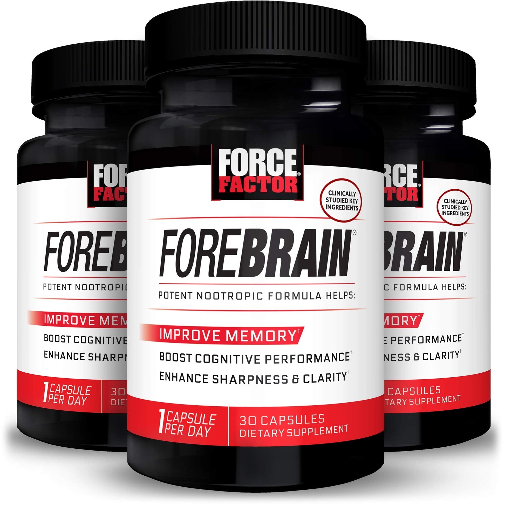 Force Factor Forebrain supplement bottles on a white background