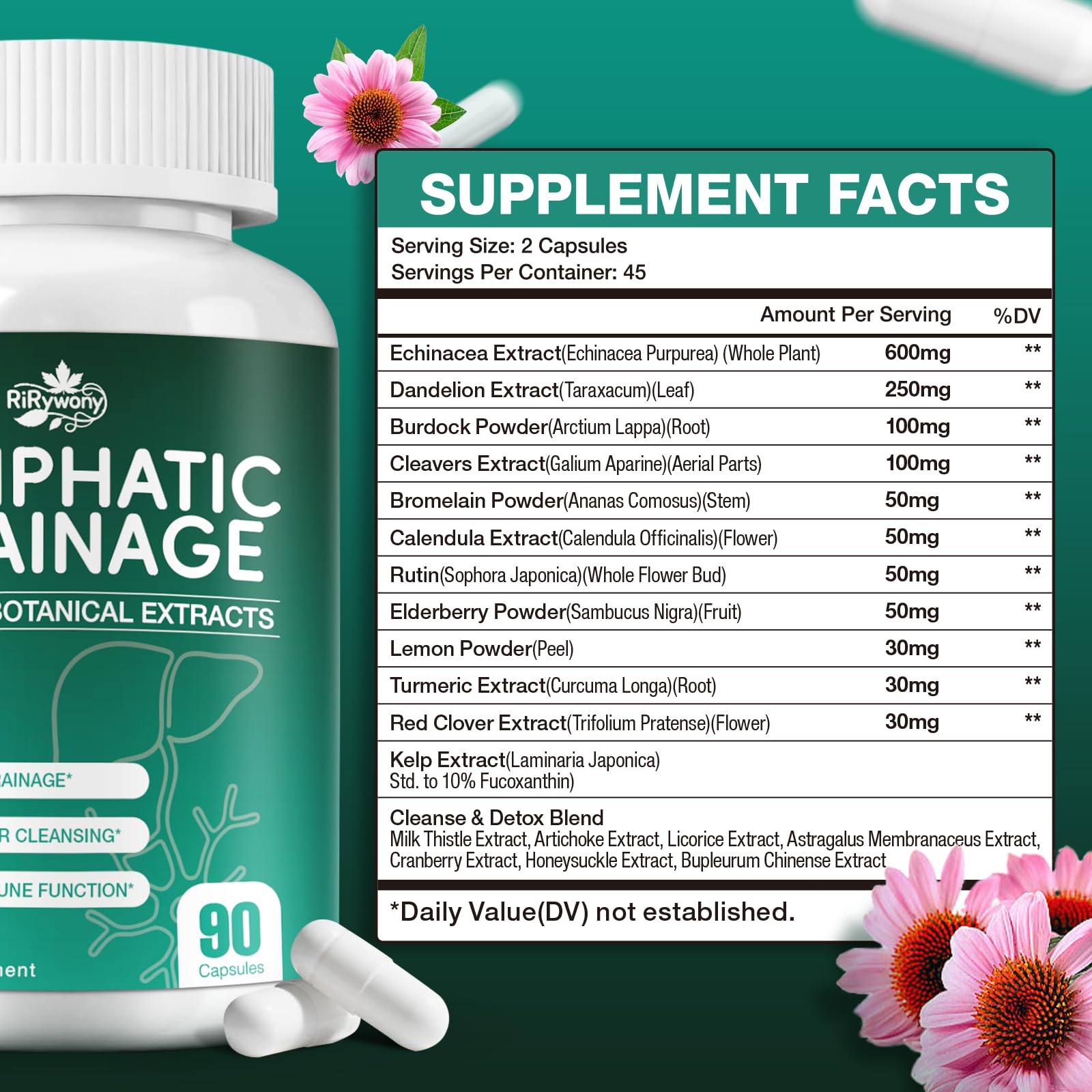 RiRywony Lymphatic Drainage Supplements & Liver Cleanse Detox Repair Capsules – Natural Herbal Supplement with Echinacea, Supports Lymphatic System, Fluid Balance & Immune Health, 90 Capsules RiRywony buy supplements Au