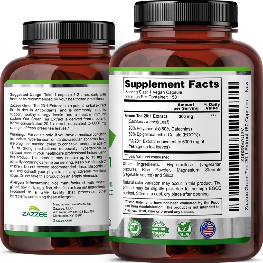 Zazzee Extra Strength Green Tea 20:1 Extract, 50% EGCG, 98% Polyphenols, 80% Catechins, 150 Vegan Capsules, 5 Month Supply, Certified Kosher