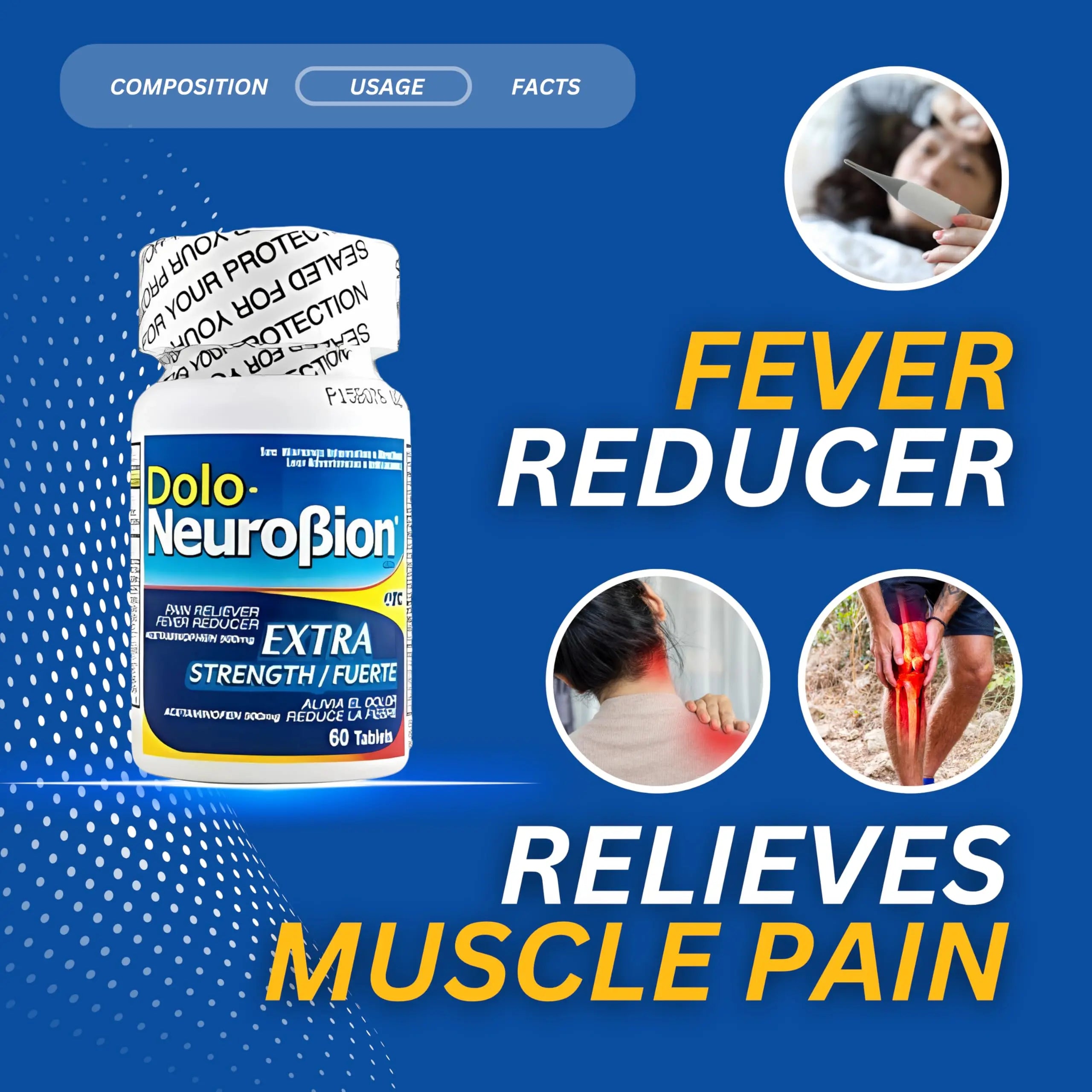 Dolo Neurobion Pain Reliever, Fever Reducer, Extra Strength. Alivia el Dolor,Reduce la Fiebre, Extra Fuerte. 60 Tablets. Acetaminophen 500 mg NeurobionBuy Supplements Australia