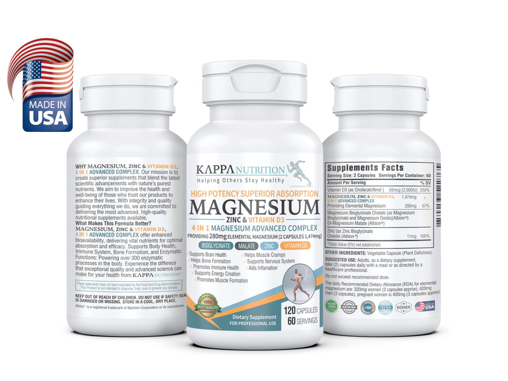 Kappa Nutrition Magnesium 4-in-1, 280mg Elemental Magnesium (Bisglycinate, Malate) + Zinc & Vitamin D3, Brain, Sleep, Energy, Muscle, Immune Support, 120 Vegan Capsules. KAPPA NUTRITION buy supplements Au