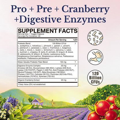 Vitalitown Probiotics for Women 120 Billion CFUs, 30 Strains, with Prebiotics & Digestive Enzymes & Cranberry, Gut & Vaginal Health, Vegan 30