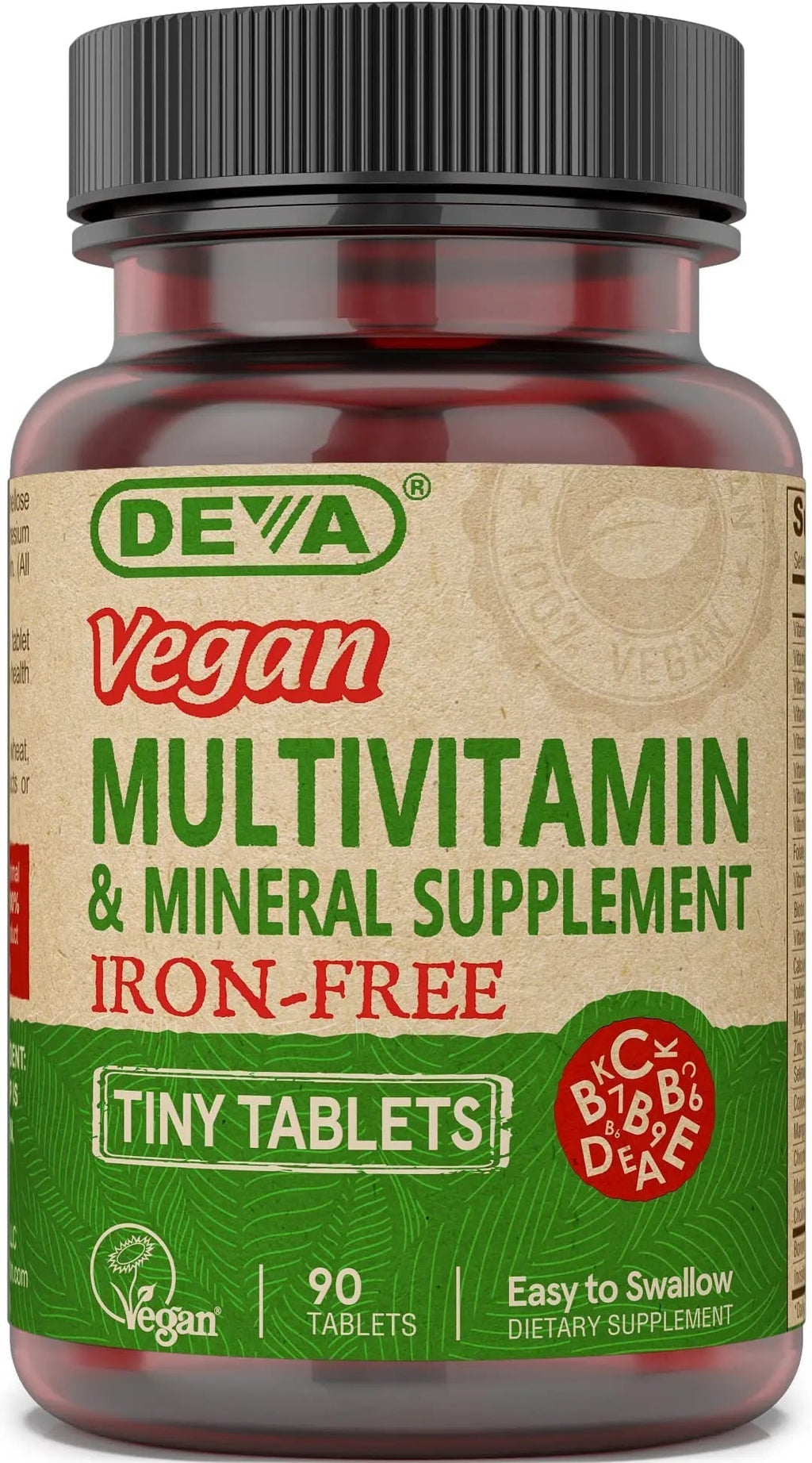 DEVA Vegan Iron-Free Multivitamin & Mineral Supplement, Vitamin C, D2, E & B-Complex, Biotin, 90 Tiny Tablets DEVA