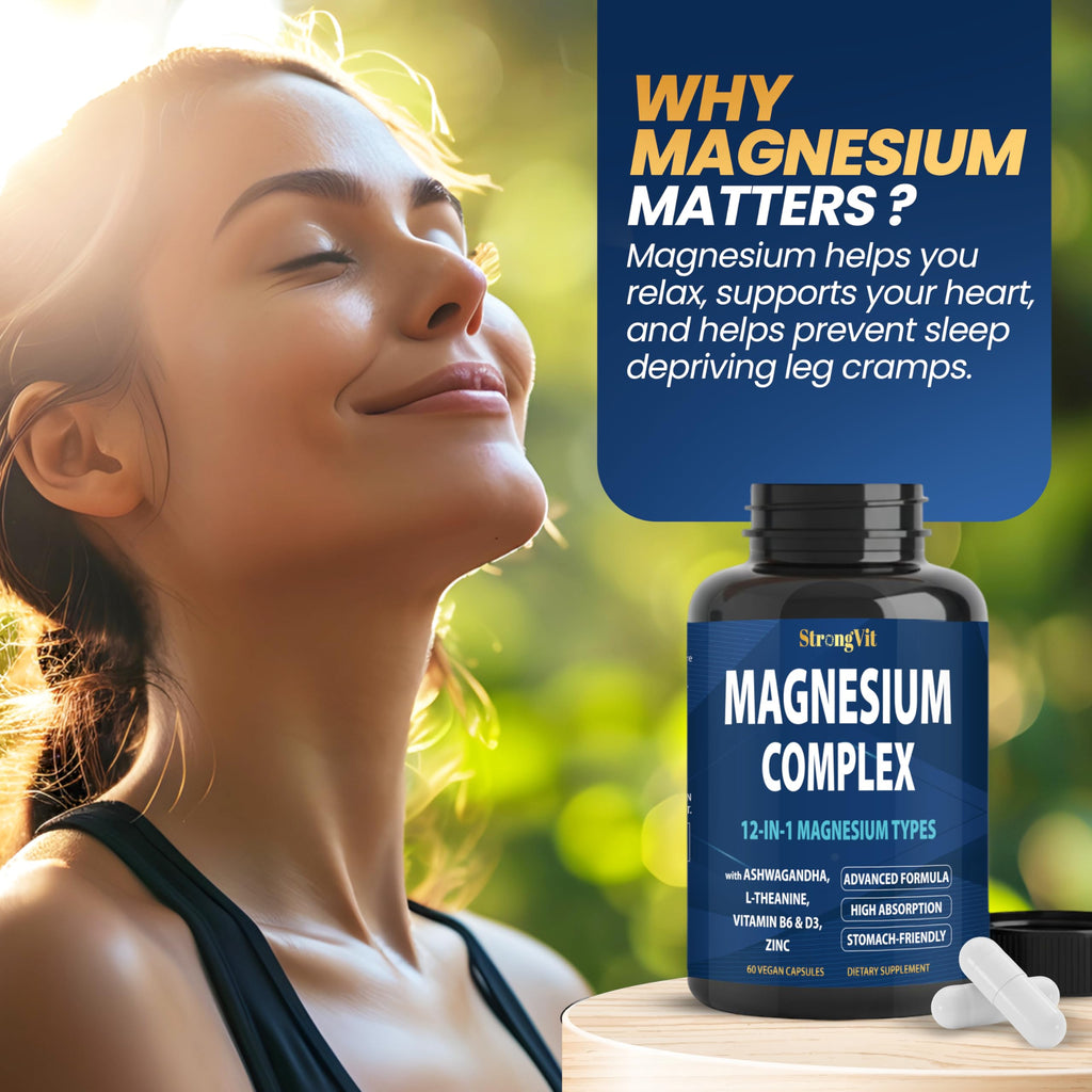 1000mg Magnesium Complex for Women and Men, 12 in 1 Magnesium Supplement with Ashwagandha, Zinc, D3, L-theanine. Easy to Swallow, High Absorption, Sleep Support & Stress Relief (60 Capsules) StrongVit buy supplements Au