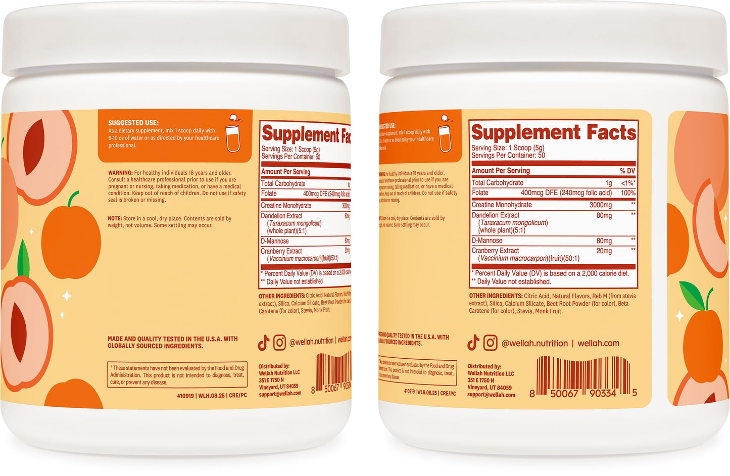 Wellah Creatine for Women - Creatine Monohydrate with Dandelion & Cranberry Extract (50 Servings, Clementine Peach)