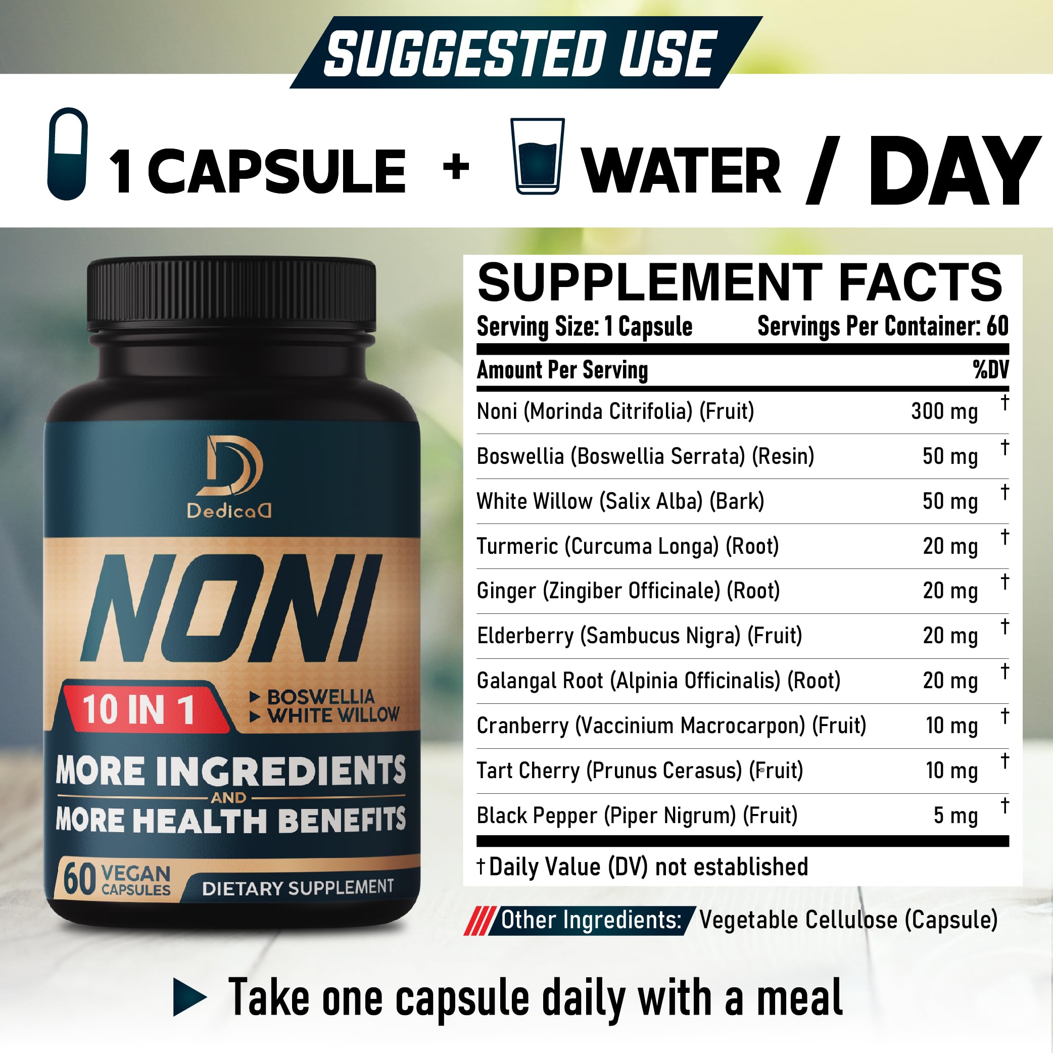 DEDICAD 10in1 Noni Capsules - 4 Month Supply with Elderberry, Boswellia, Turmeric, Ginger & More - Support Muscle, Joint, Digestive & Immune - 2 Packs of 60 Vegan Capsules, Non-GMO & Gluten-Free DEDICAD buy supplements Au