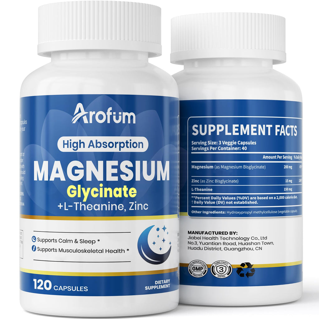 AROFUM Magnesium Glycine 200 mg, with L-theanine and Zinc Glycine – Magnesium Supplement to Help Soothe Emotions, Balance Stress, and Promote restful Sleep – Non-GMO Vegan Capsules, 120 Capsules ArofumBuy Supplements Australia