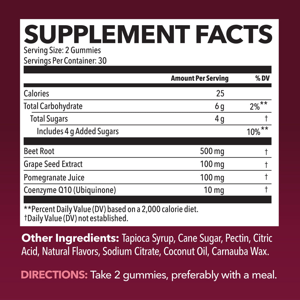 Beet Root Gummies with COQ10 & Pomegranate - Nitric Oxide Supplement for Men and Women - Beetroot for Endurance, Performance, Recovery - Vegan, Non-GMO, Gluten Free