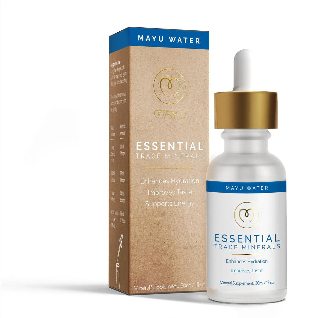 Mayu Water Essential Trace Minerals bottle and packaging on a white background