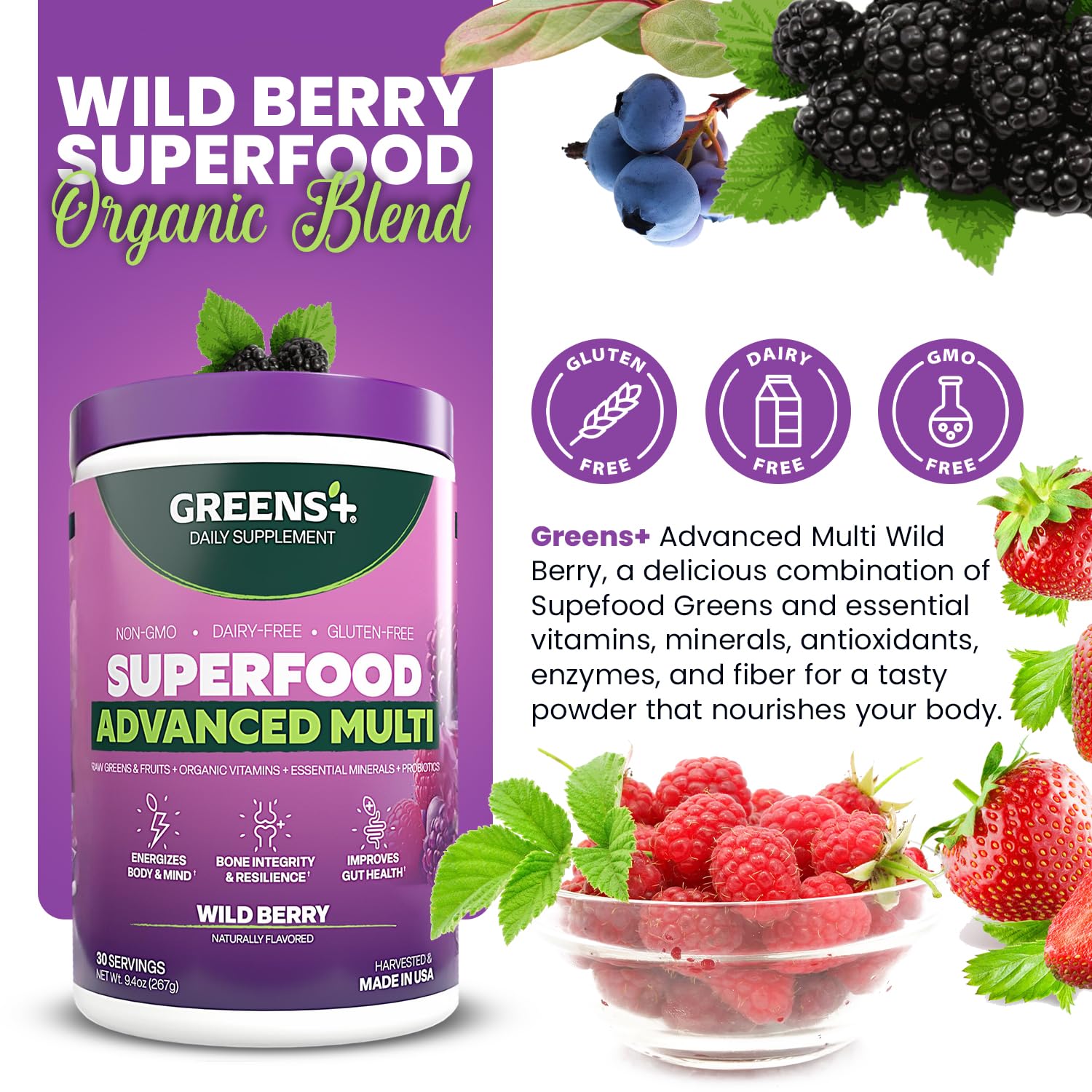 Greens+ Advanced Multi Wild Berry Superfood Powder, Organic Blend, Vegan, Non-GMO, Soy-Free, Dairy-Free, Gluten-Free, Dietary Supplement with Vitamins & Minerals, 9.4 oz Greens+ buy supplements Au