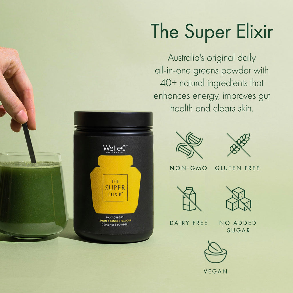 WelleCo The Super Elixir Daily Greens Powder, Probiotic Drink Mix with Whole Foods, Gluten Free, Vegan Gut Health Powder, Energy, Immunity, Healthy Skin, Hair & Nails (300g, Lemon Ginger) WelleCo buy supplements Au