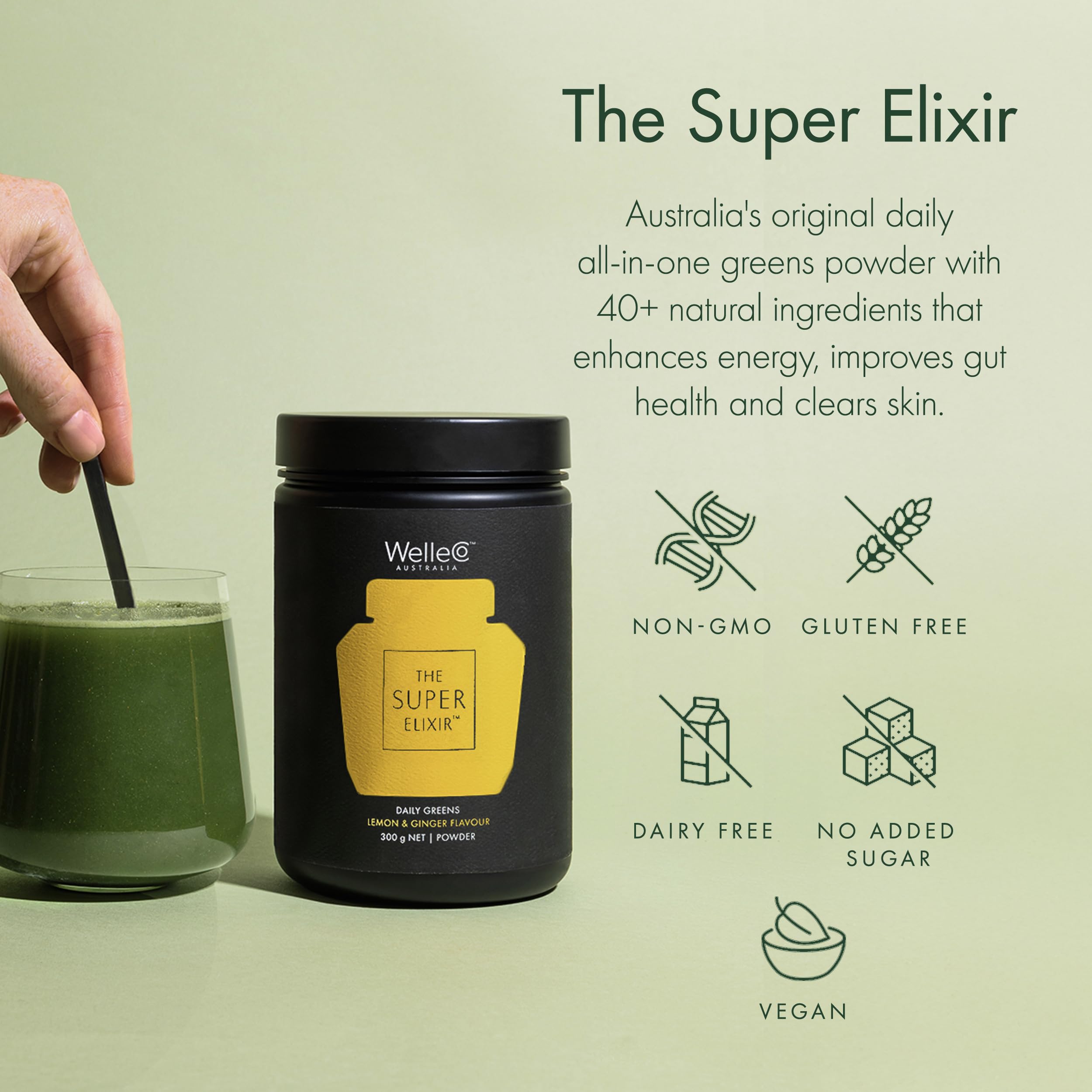 WelleCo The Super Elixir Daily Greens Powder, Probiotic Drink Mix with Whole Foods, Gluten Free, Vegan Gut Health Powder, Energy, Immunity, Healthy Skin, Hair & Nails (300g, Lemon Ginger) WelleCo buy supplements Au
