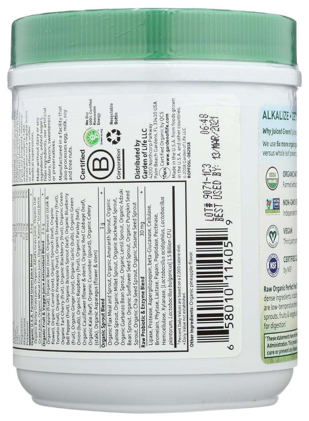 Garden of Life Raw Organic Perfect Food Green Superfood Juiced Greens Powder - Original Stevia-Free, 30 Servings, Non-GMO, Gluten Free Whole Food Dietary