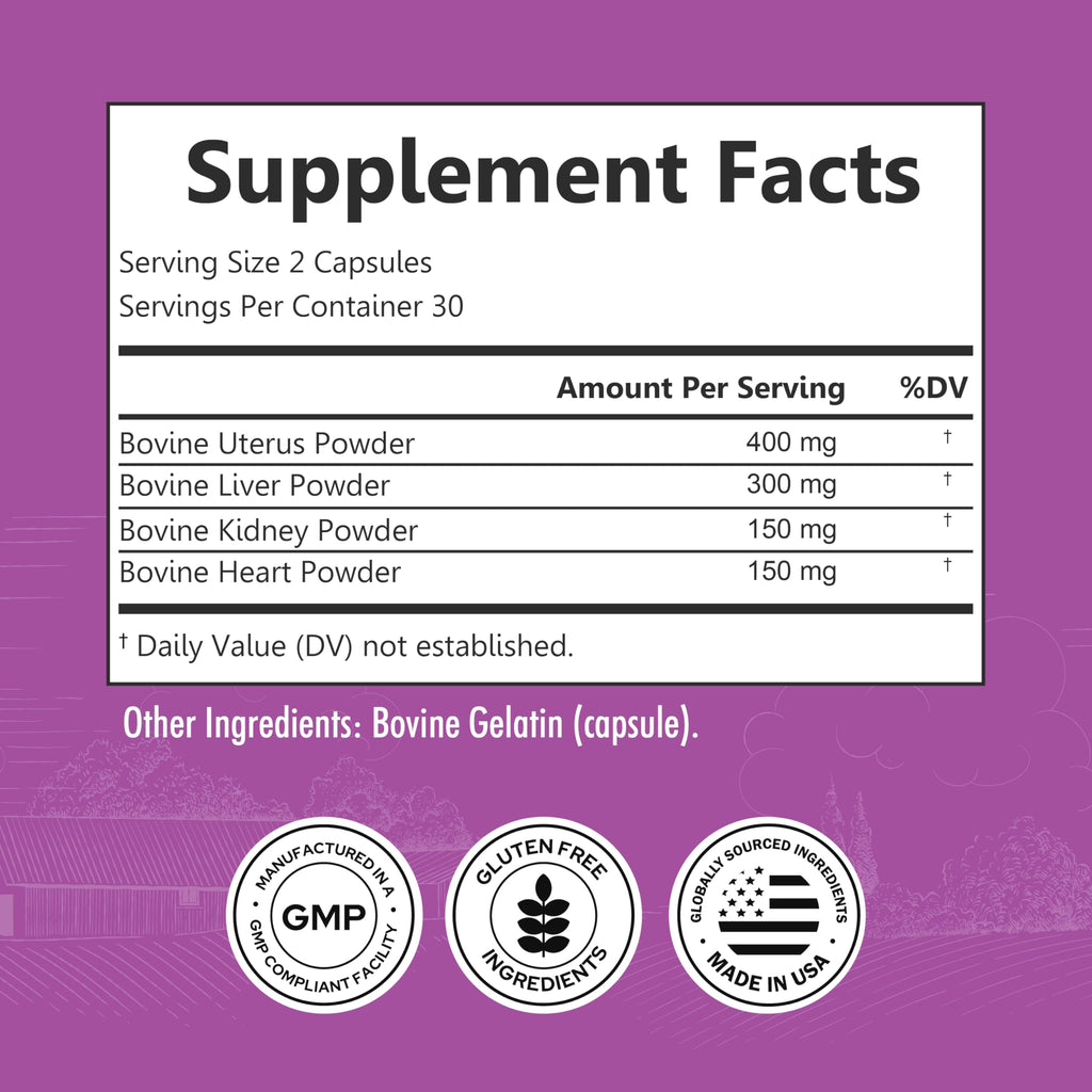 BioSchwartz Primal Beef Organ Supplement for Women - 60 Capsules - Grass-Fed & Pasture-Raised - Supports Healthy Hair Skin and Nails, Hormone Balance - with Bovine Liver, Kidney, Heart, Uterus Powder BioSchwartzBuy Supplements Australia
