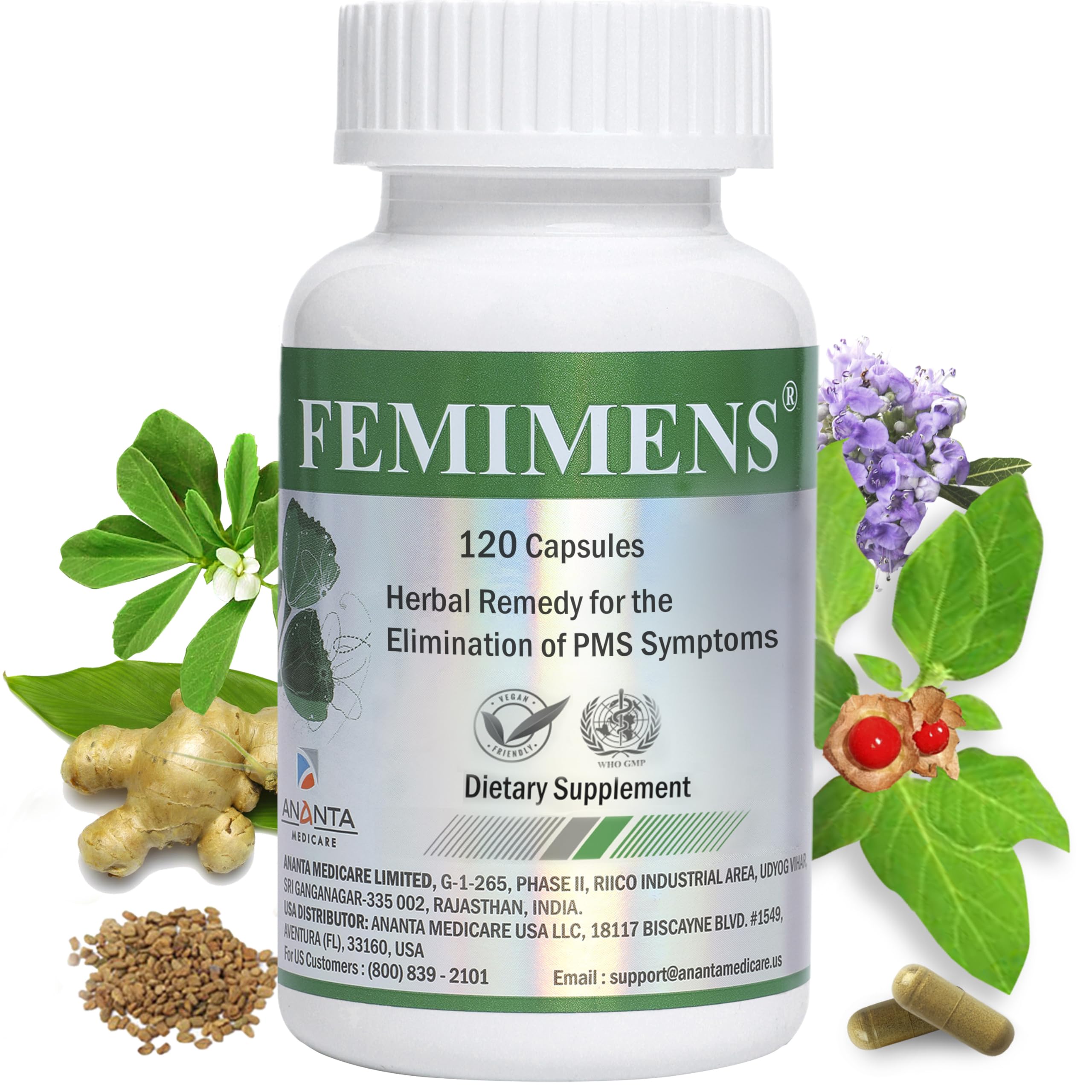 FEMIMENS – PMS Support Supplement for Women – PMS Relief for Women & Menstrual Cramp Relief – Hormonal Balance for Women – Chasteberry Vitex, Ashwagandha, Ginger, Fenugreek – 120 Vegan Capsules Ananta Medicare USABuy Supplements Australia