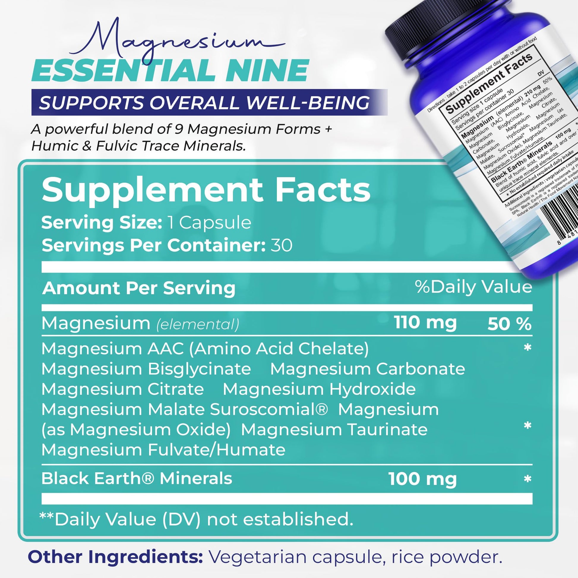 The Food Movement Co. Black Earth Magnesium Essential Nine - Vegan Capsules with Magnesium Glycinate, Citrate, Malate and More - 9 Bioactive Forms for Optimal Health (30 Count) THE FOOD MOVEMENT CO. buy supplements Au
