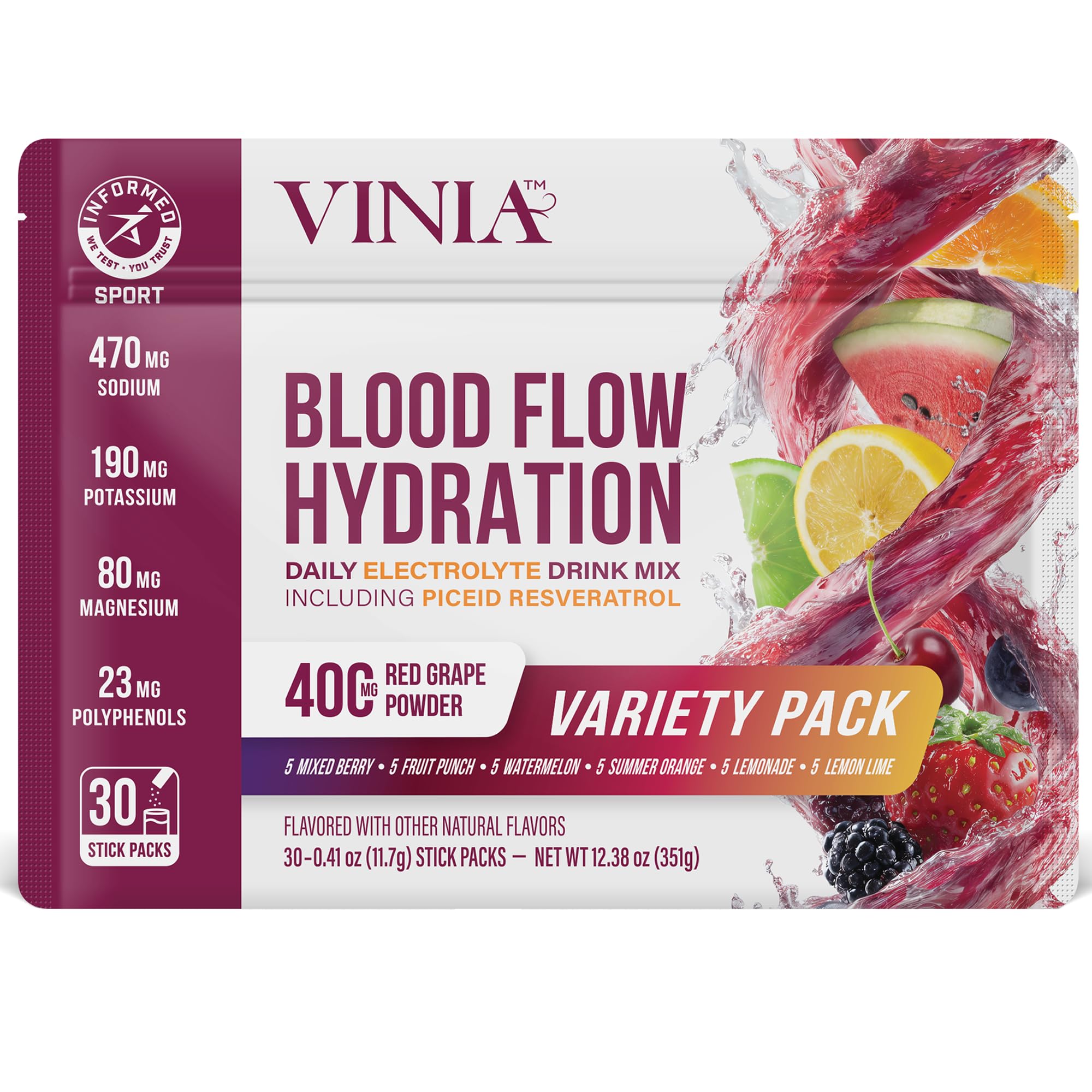 VINIA Resveratrol Electrolyte Hydration Powder Mix | Boost Blood Flow & Circulation | Sea Salt, Coconut Water Potassium, Magnesium, Informed Sport Certified VINIA buy supplements Au