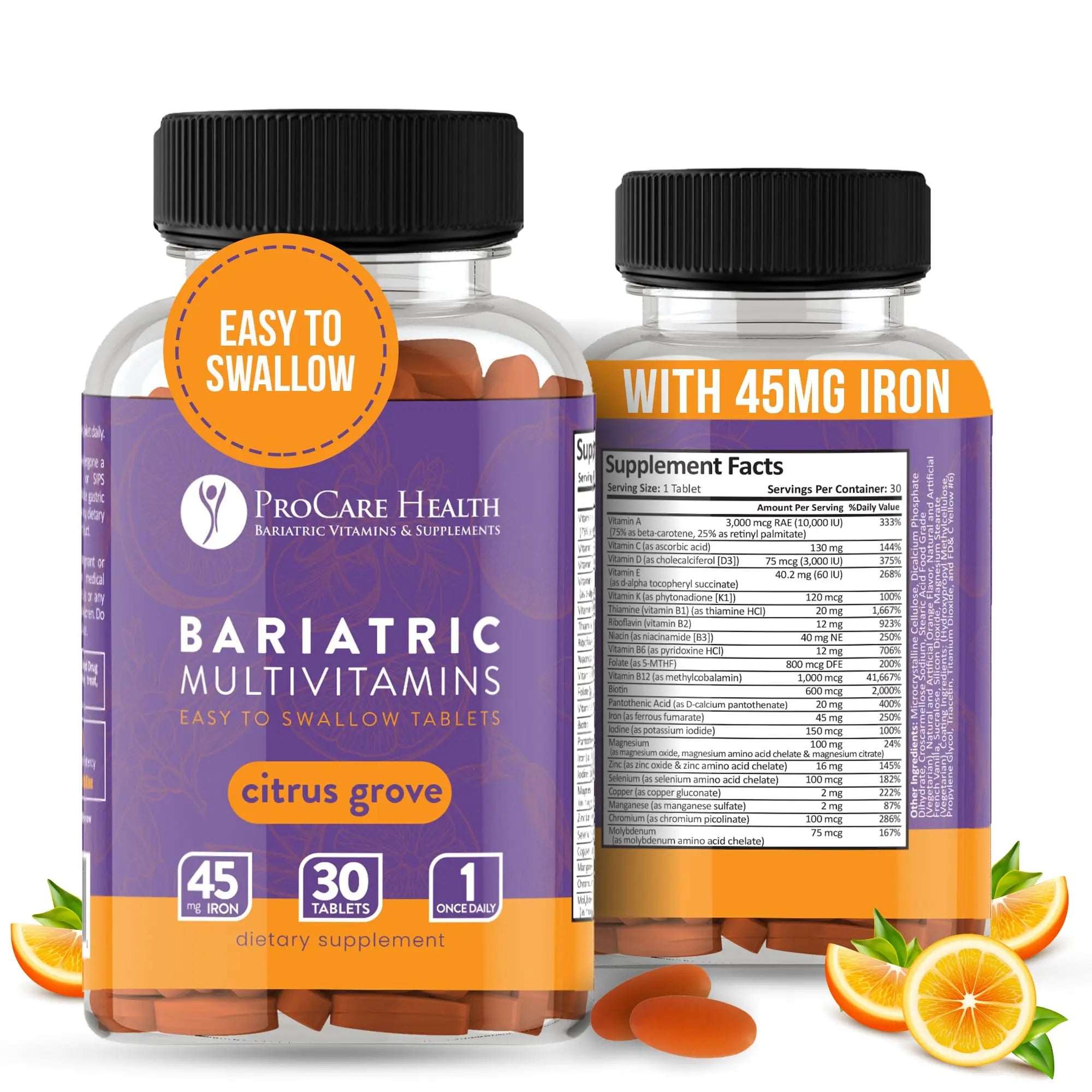 Procare Health Bariatric Multivitamin with Iron 45mg Easy to Swallow 30 Tablets - Post Op Bariatric Vitamins for Gastric Bypass Pills ProCare Health