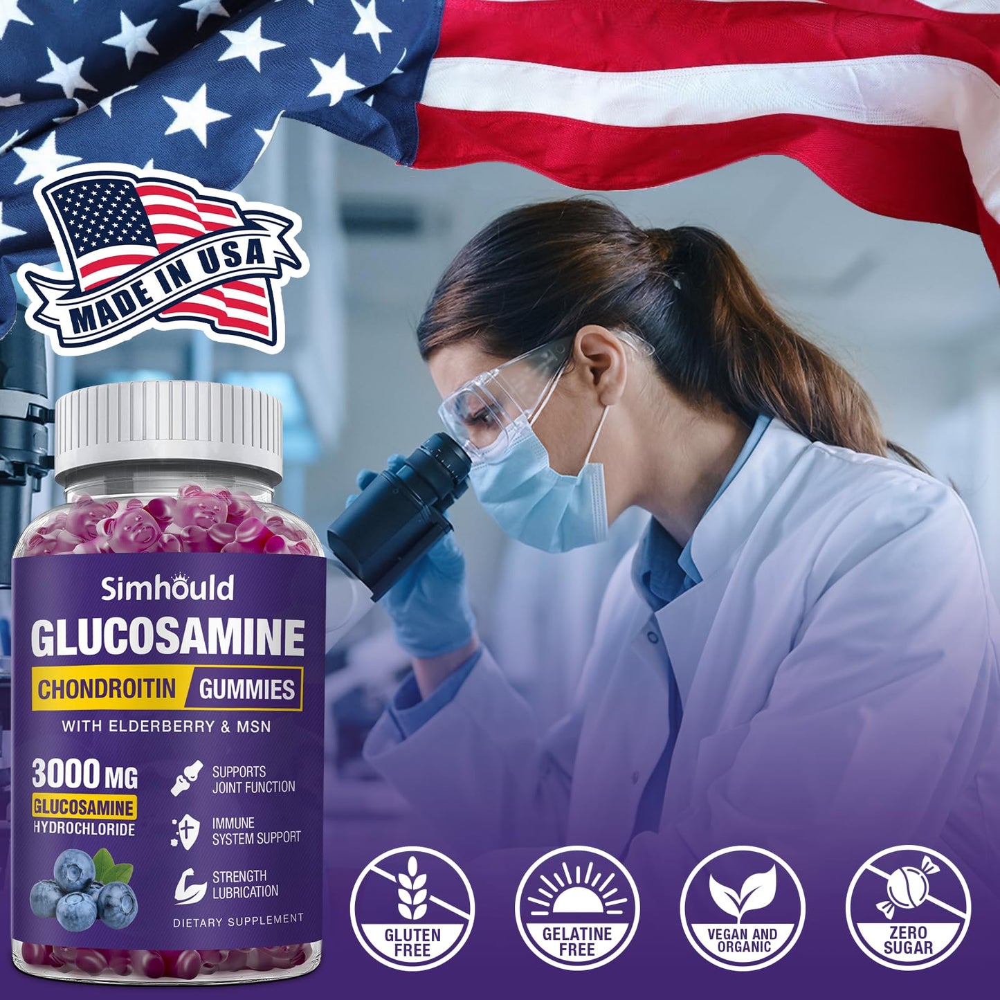Simhould 2 Packs Glucosamine Chondroitin Gummies - 3000MG Extra Strength Joint Support Supplement with MSM & Elderberry, Flexibility, Antioxidant Immune Support