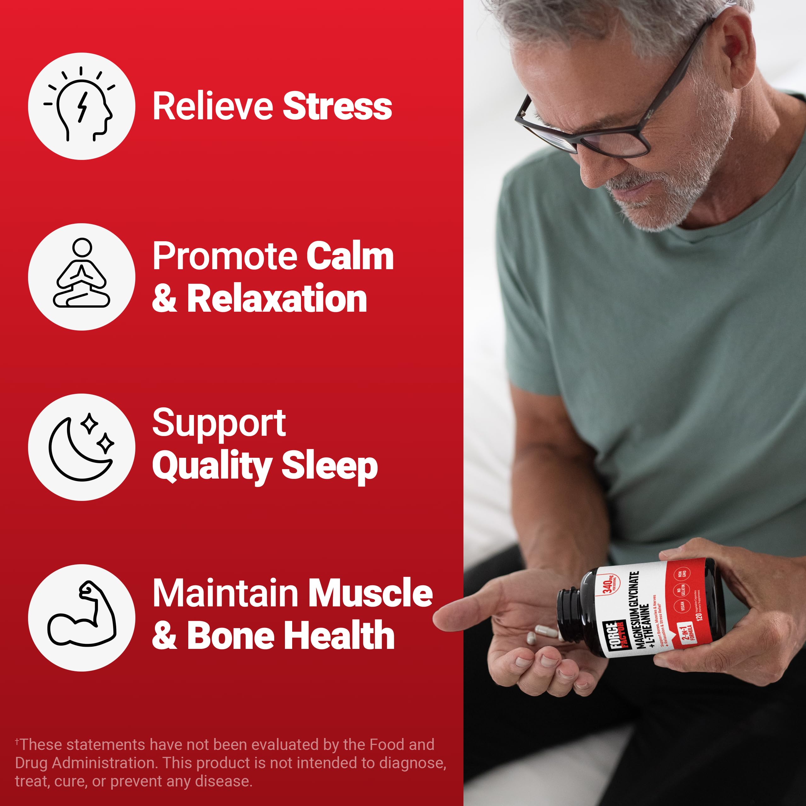 Force Factor Magnesium + L-Theanine, Magnesium Bisglycinate Supplement to Support Bones, Muscles, Nerves, Relaxation, and Mood, Vegan