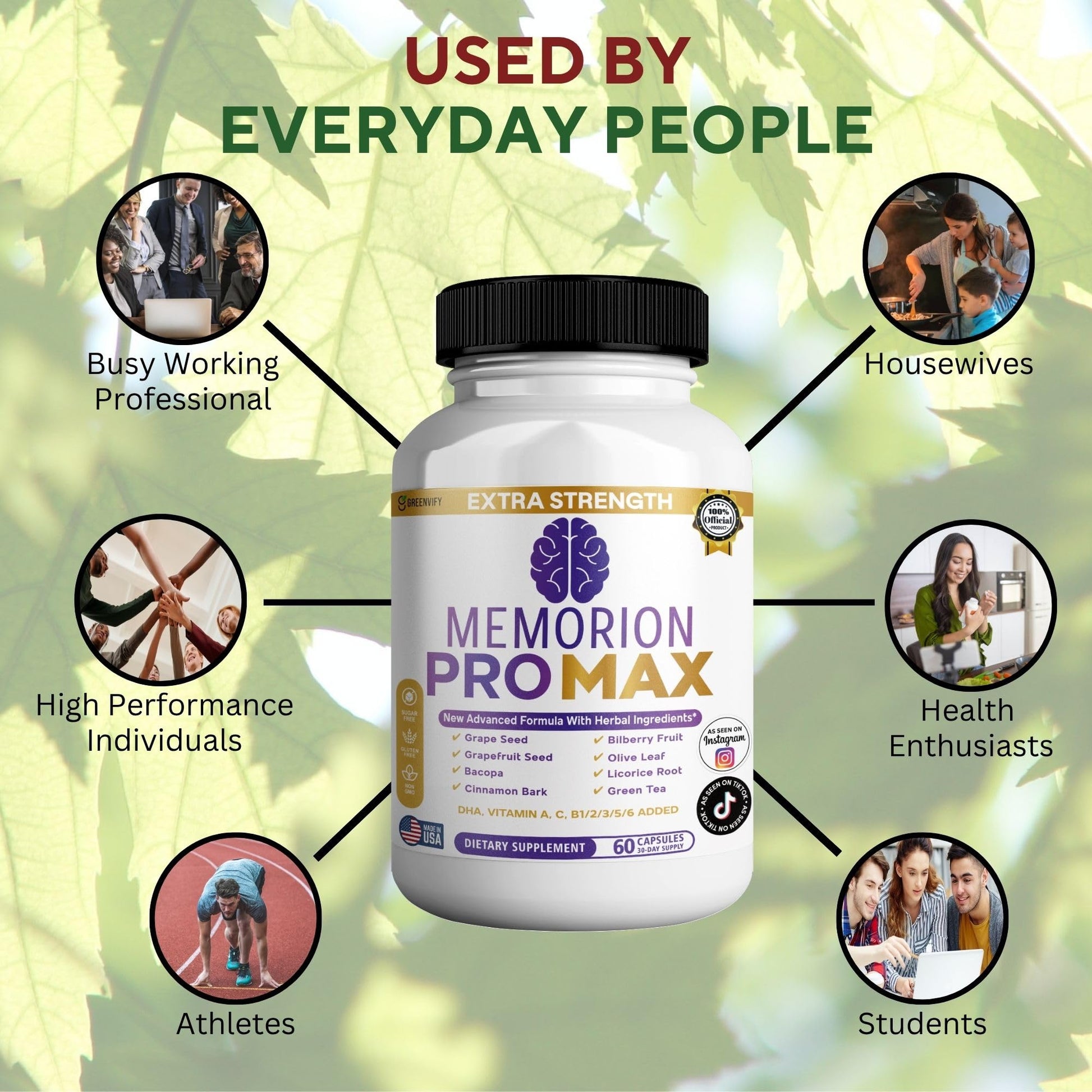 GREENVIFY Memorion Pro Max Extra Strength Brain Support Supplement, 60 Capsules, with DHA, Vitamins, Herbal Blend, 30-Day Supply (1) GREENVIFY buy supplements Au