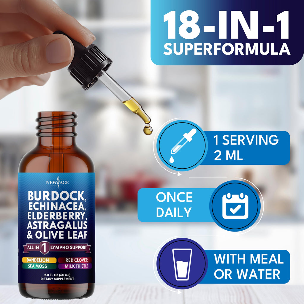NEW AGE Lymphatic Drainage Supplement - Burdock Lymphatic Support Drops - Burdock Root, Mullein, Echinacea, Elderberry, Dandelion, Astragalus, Milk Thistle, Red Clover - 4 oz NEW AGE buy supplements Au