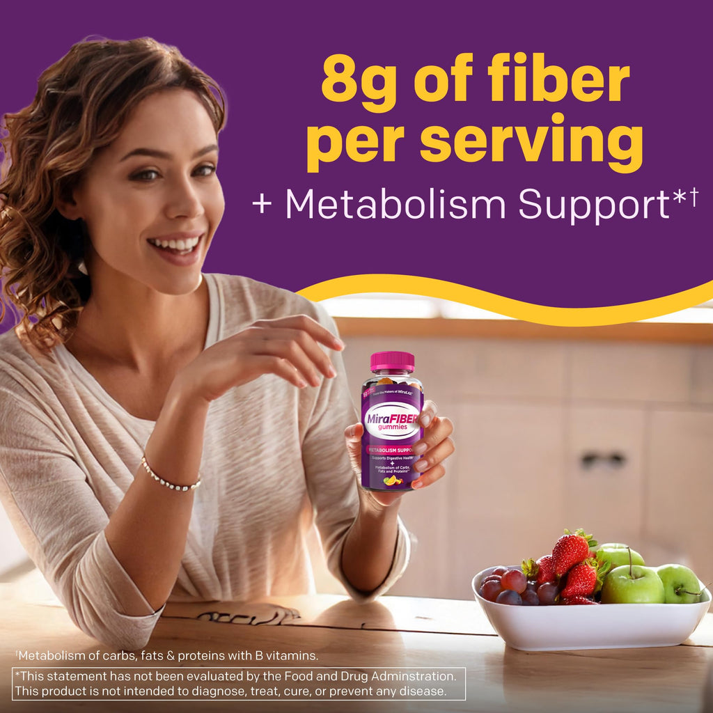 MiraFIBER Gummies from The Makers of MiraLAX, 8g of Daily Fiber Per Serving, Metabolism Support with B Vitamins, Gut Health for Men & Women