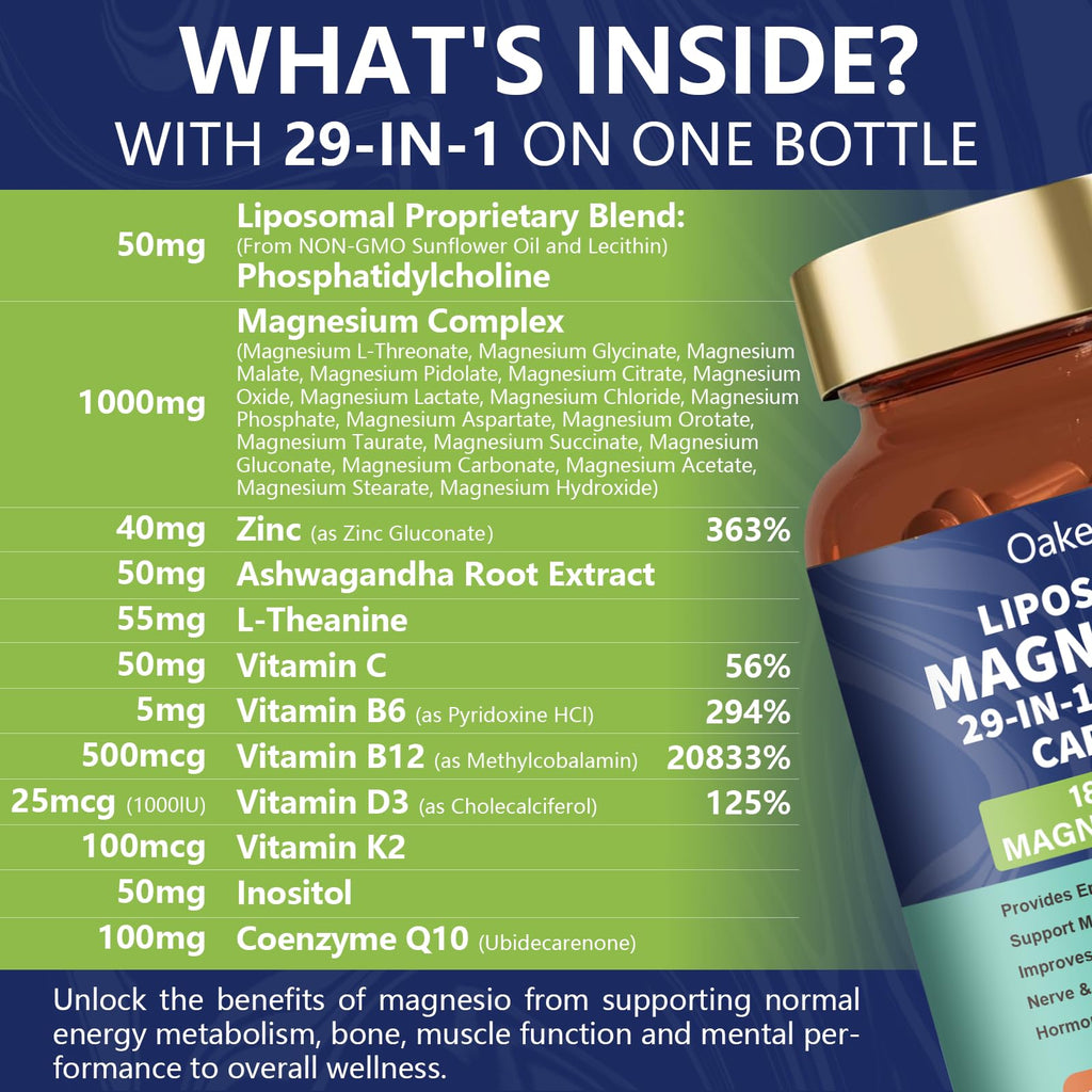 29-in-1 Liposomal 18 Active Types Magnesium Complex 1400MG Capsule,L-Threonate Glycinate Malate etc,Mild & Efficient,Extra Vitamin B6 B12 D3K2 & CoQ10, Relaxation Nerve* & Hert* Support Oakevlp buy supplements Au
