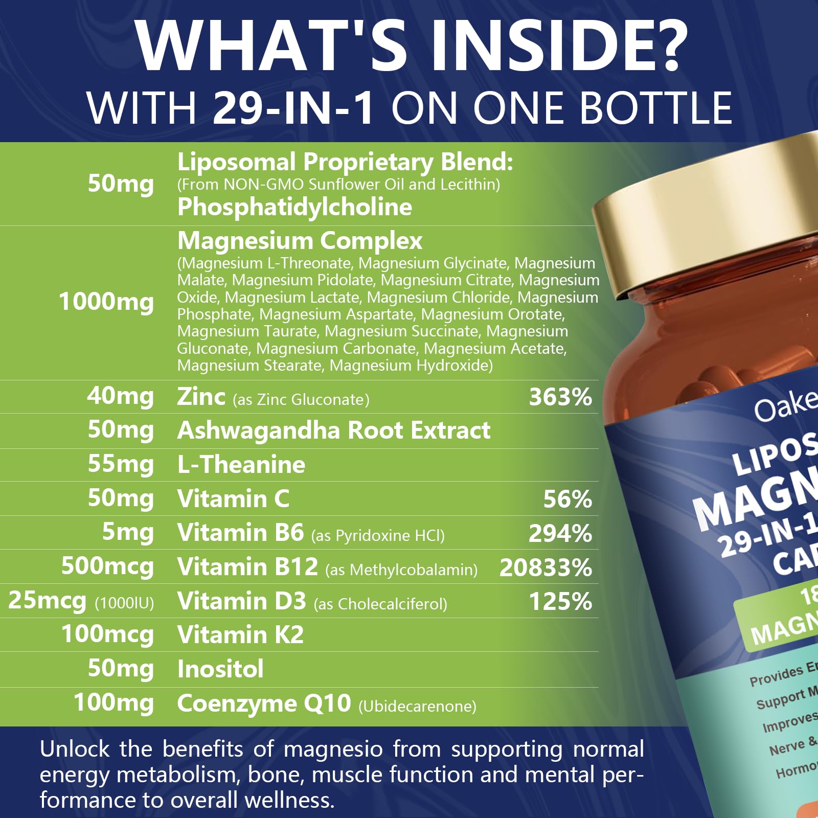29-in-1 Liposomal 18 Active Types Magnesium Complex 1400MG Capsule,L-Threonate Glycinate Malate etc,Mild & Efficient,Extra Vitamin B6 B12 D3K2 & CoQ10, Relaxation Nerve* & Hert* Support Oakevlp buy supplements Au