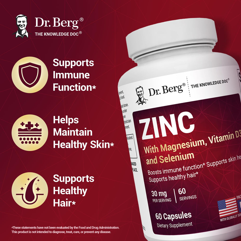 Dr. Berg Zinc 30mg Enhanced with Magnesium, Vitamin D3, Selenium, & Copper - Zinc Supplements for Men & Women - Chelated Zinc for Immune, Skin, Hair, & Nails Support* - 60 Capsules Dr. Berg NutritionalsBuy Supplements Australia