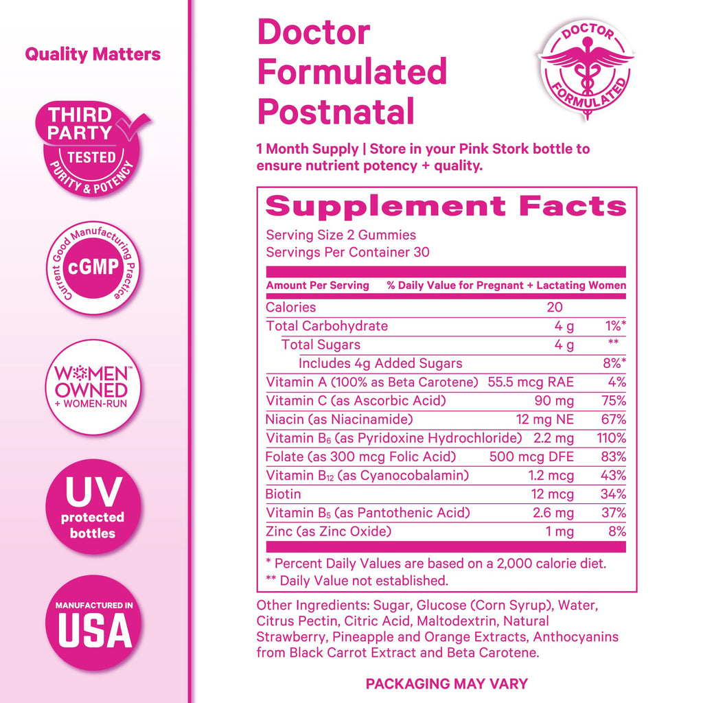 Pink Stork Total Postnatal Vitamin Gummies - Multivitamin for Postpartum Recovery and Lactation Support - Folic Acid, B6, and Vitamin C