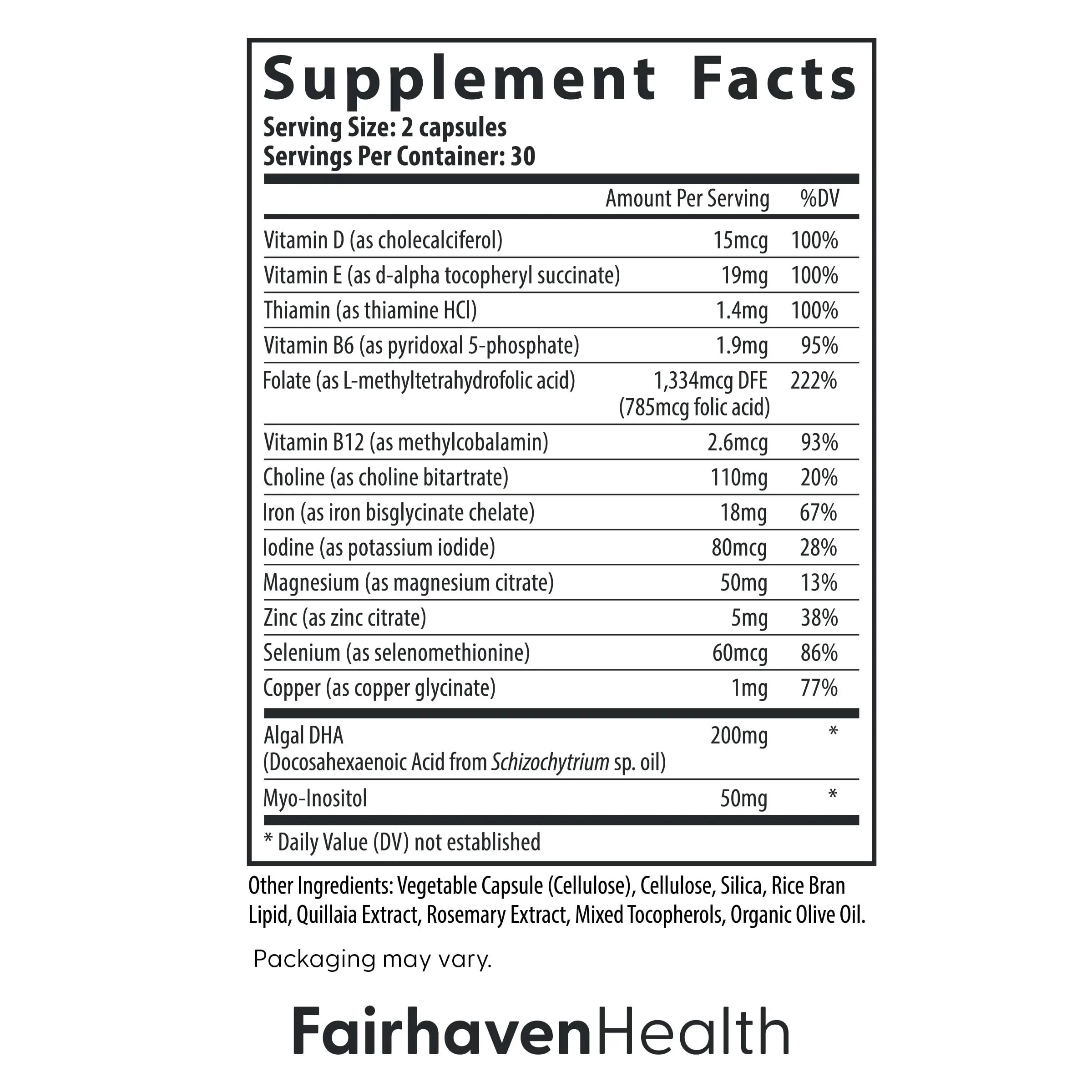 Fairhaven Health Prenatal Multivitamin Essentials with DHA | Prenatal Vitamins + DHA, Choline, Myo-Inositol | Fairhaven Health