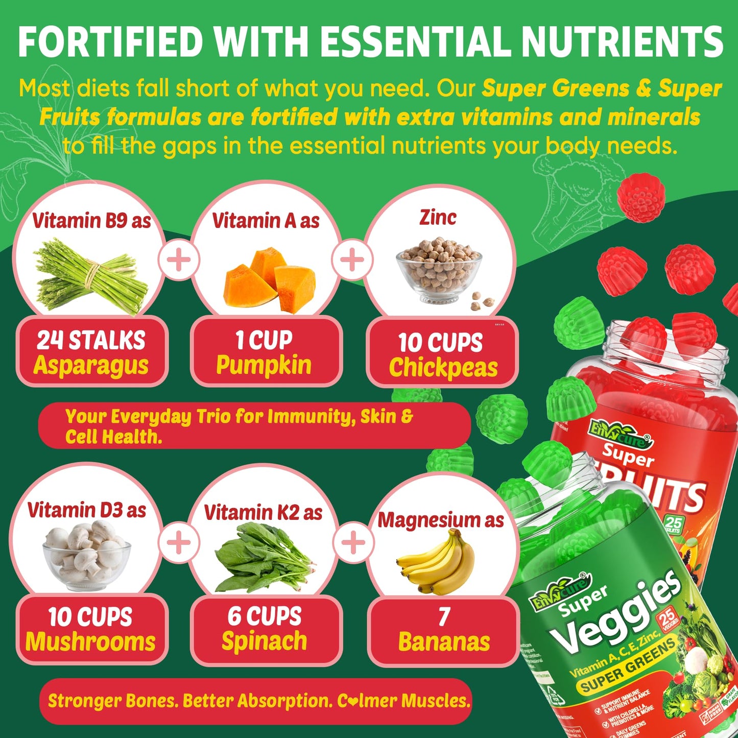 Super Greens Gummies, Daily Green Superfood Supplement w/Spirulina, Chlorella, Mushrooms, Probiotics, Multivitamins, 50+ Super Greens & Veggies Gummies to Boost Immunity, Energy & Gut Health, 120cts EnvyCureBuy Supplements Australia