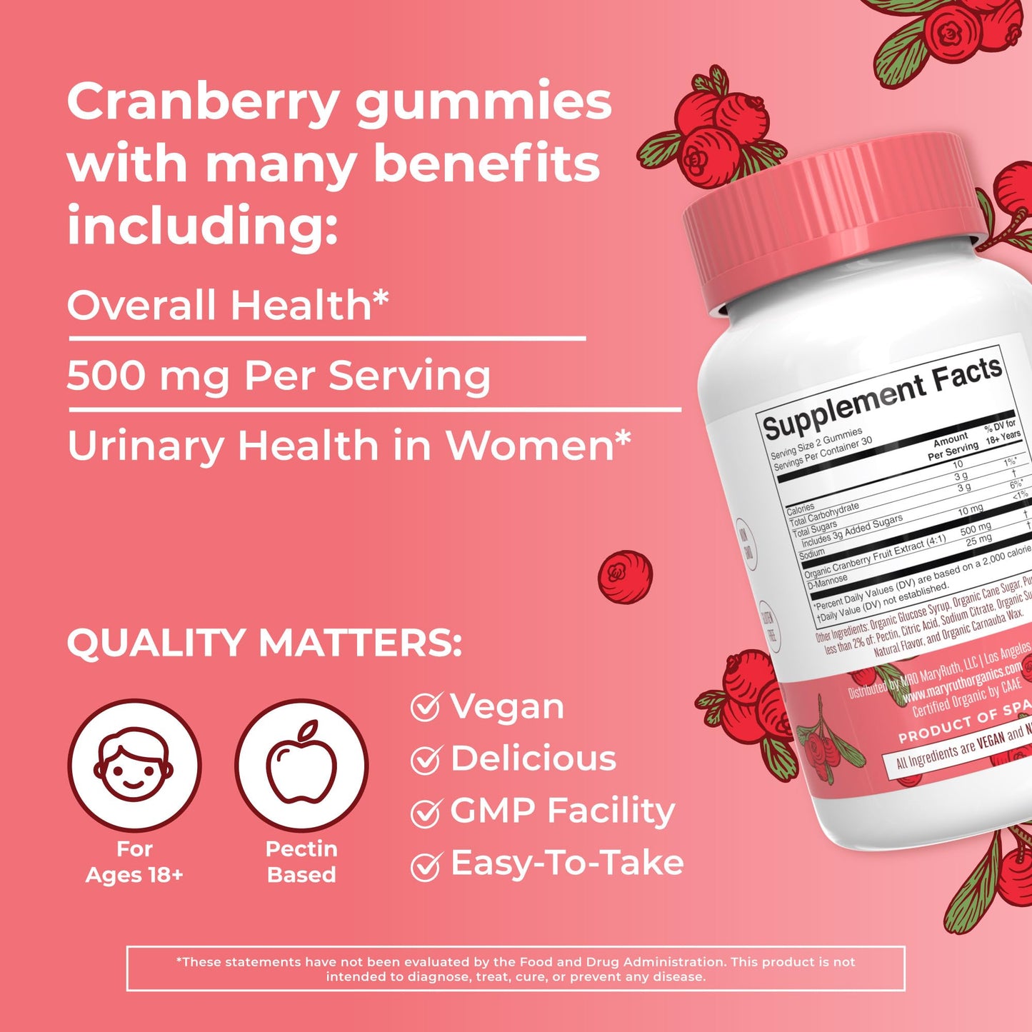 MaryRuth Organics Organic Cranberry Gummies - 500mg Supplement | Urinary Tract Health for Women | with D Mannose | Traditional Use